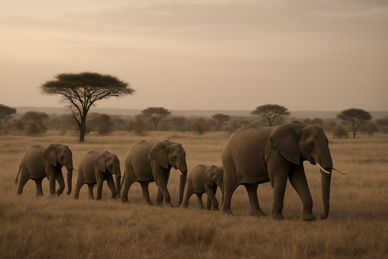 夕方のサバンナを列になって歩くゾウの群れ。落ち着いたトーンの風景