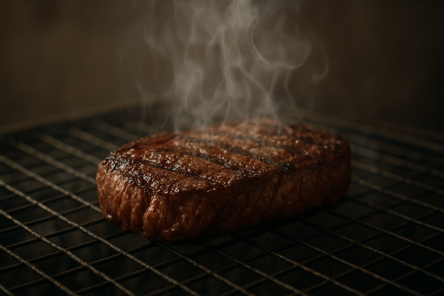 網の上でこんがりと焼ける牛肉を、湯気とともに落ち着いた色調で捉えた上品な写真風イメージ