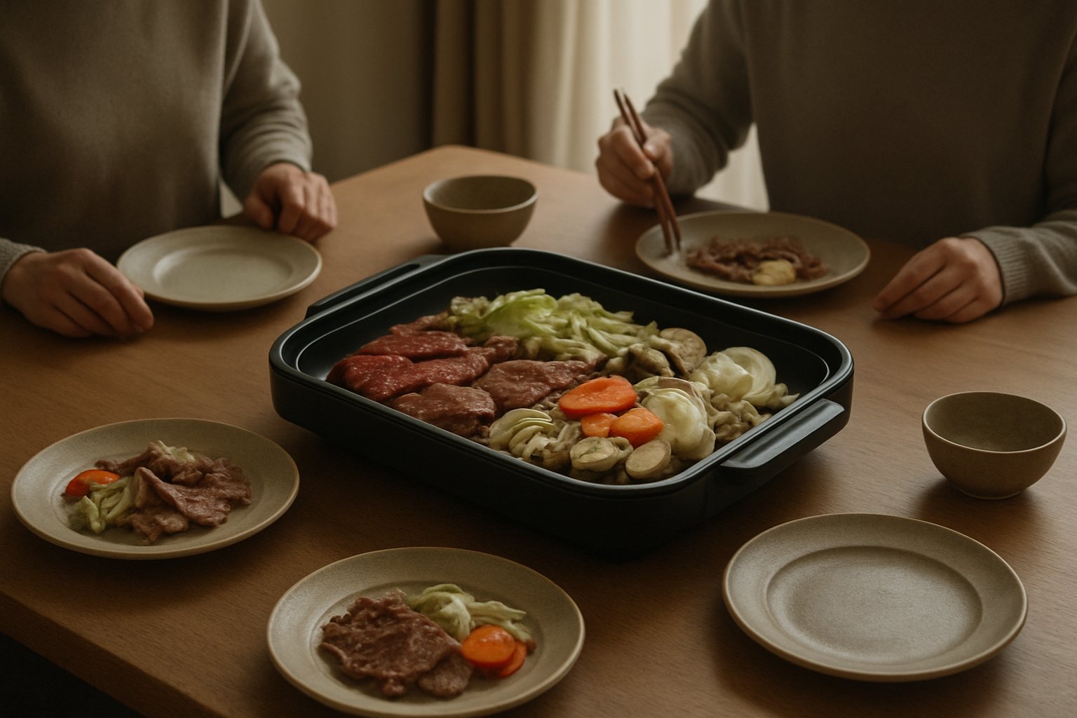 ホットプレートを囲む家庭の食卓に、盛り付けられた肉と野菜、取り皿が並ぶ落ち着いた色調の写真風イメージ