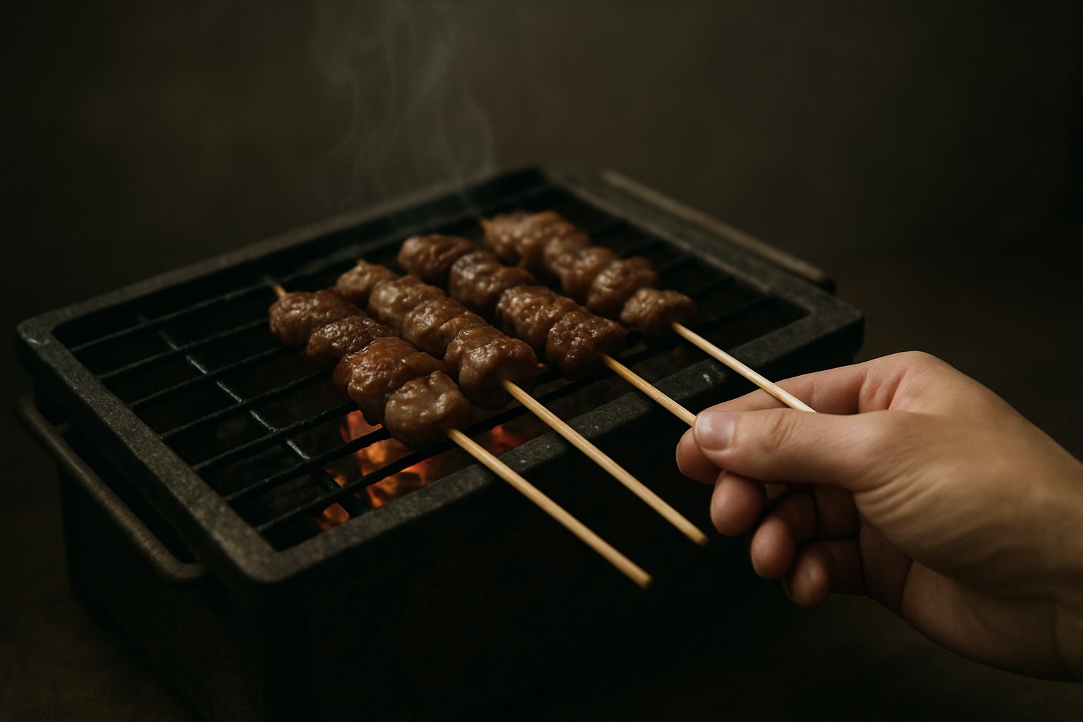 炭火の上で串焼きが焼かれている、落ち着いた色調の手元のイメージ写真