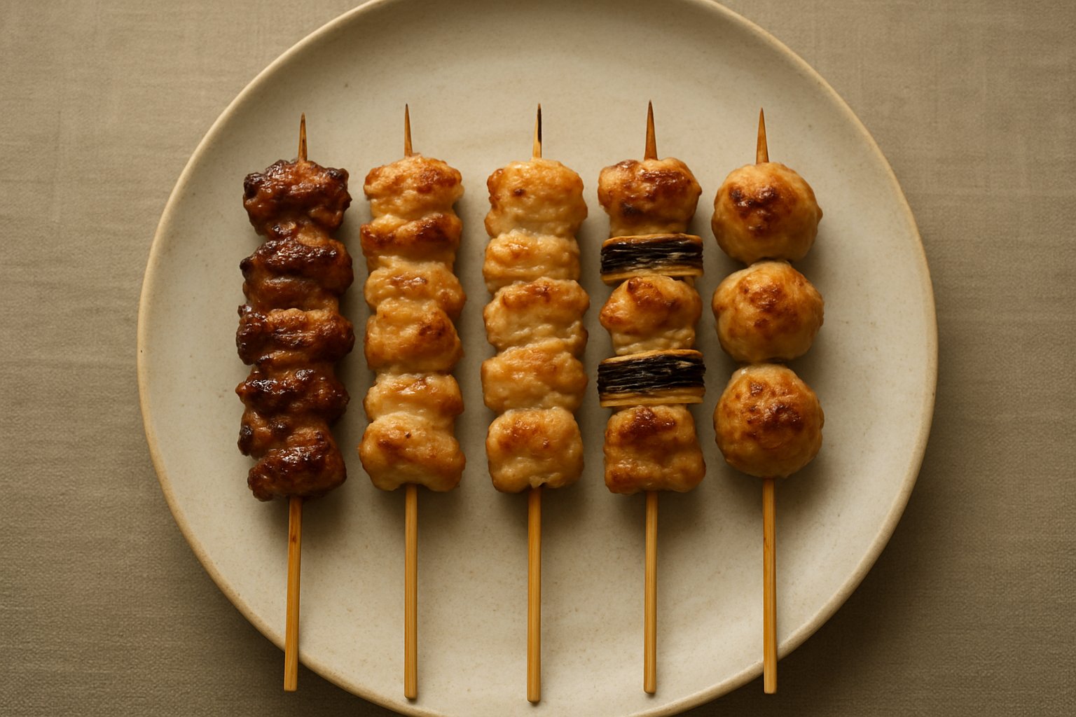 皿に並んだ数種類の焼き鳥の串を上から写した、上品で落ち着いた色調のイメージ写真