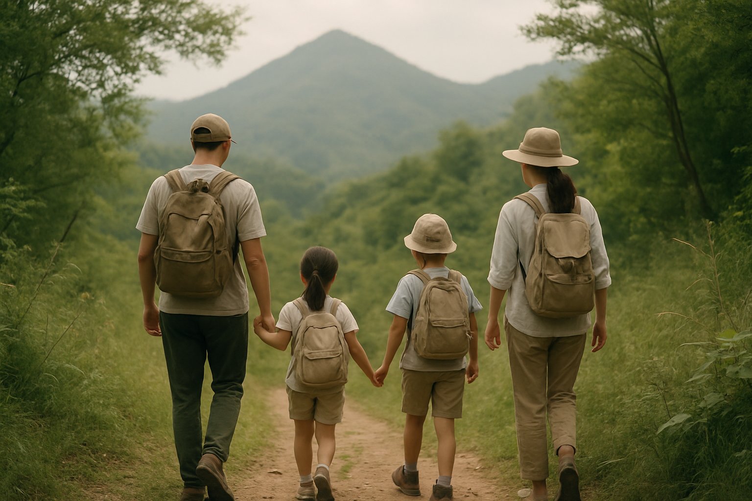 夏の低山ハイキングコースを歩く家族のイメージ