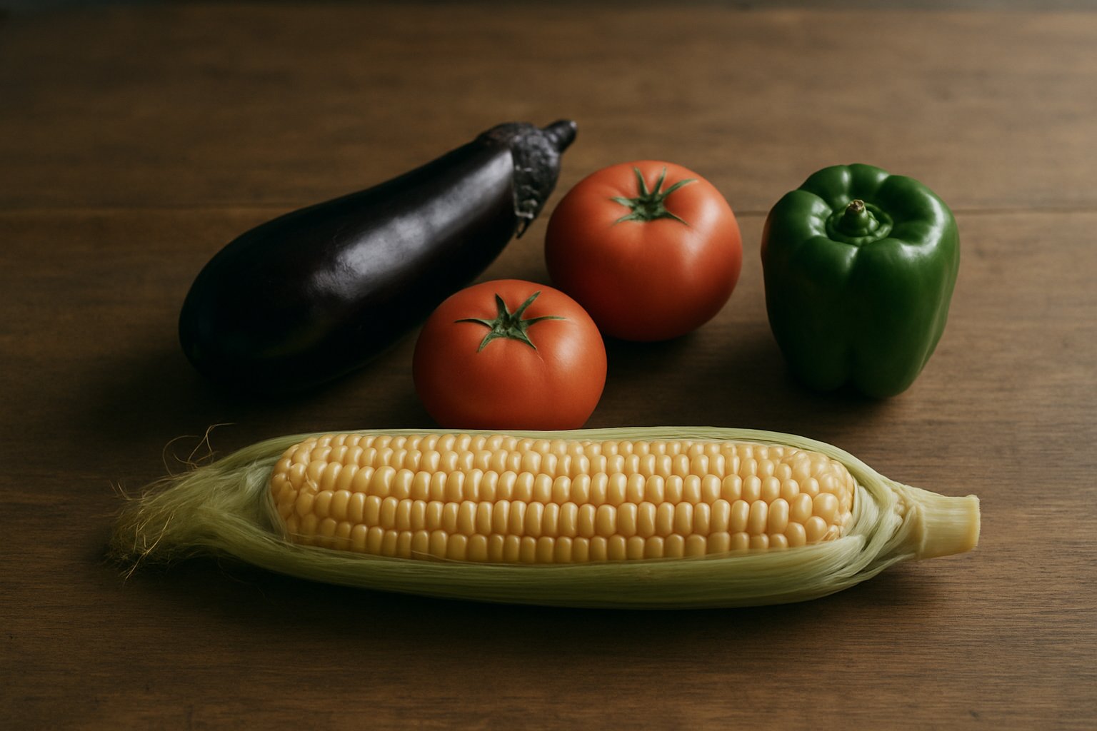 木のテーブルに夏野菜（なす・トマト・ピーマン・とうもろこし）を上品に並べた、落ち着いた自然光の写真風イメージ