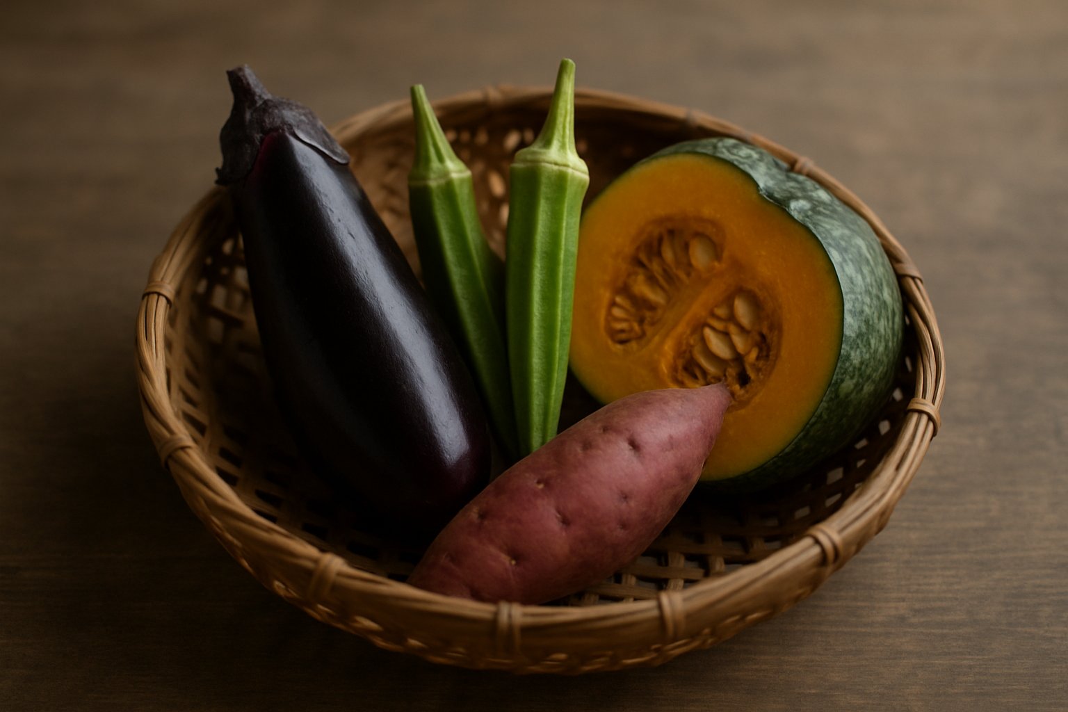 かごに盛った夏野菜と秋野菜（なす・オクラ・かぼちゃ・さつまいも）を落ち着いたトーンで写した、季節の移ろいを感じる写真風イメージ
