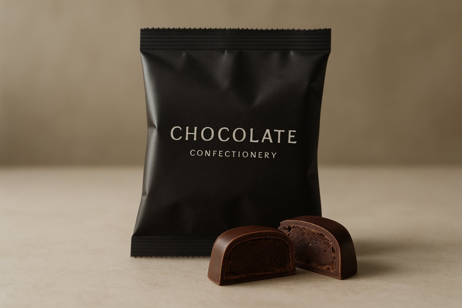 黒いパッケージのチョコ菓子と割った断面のイメージ