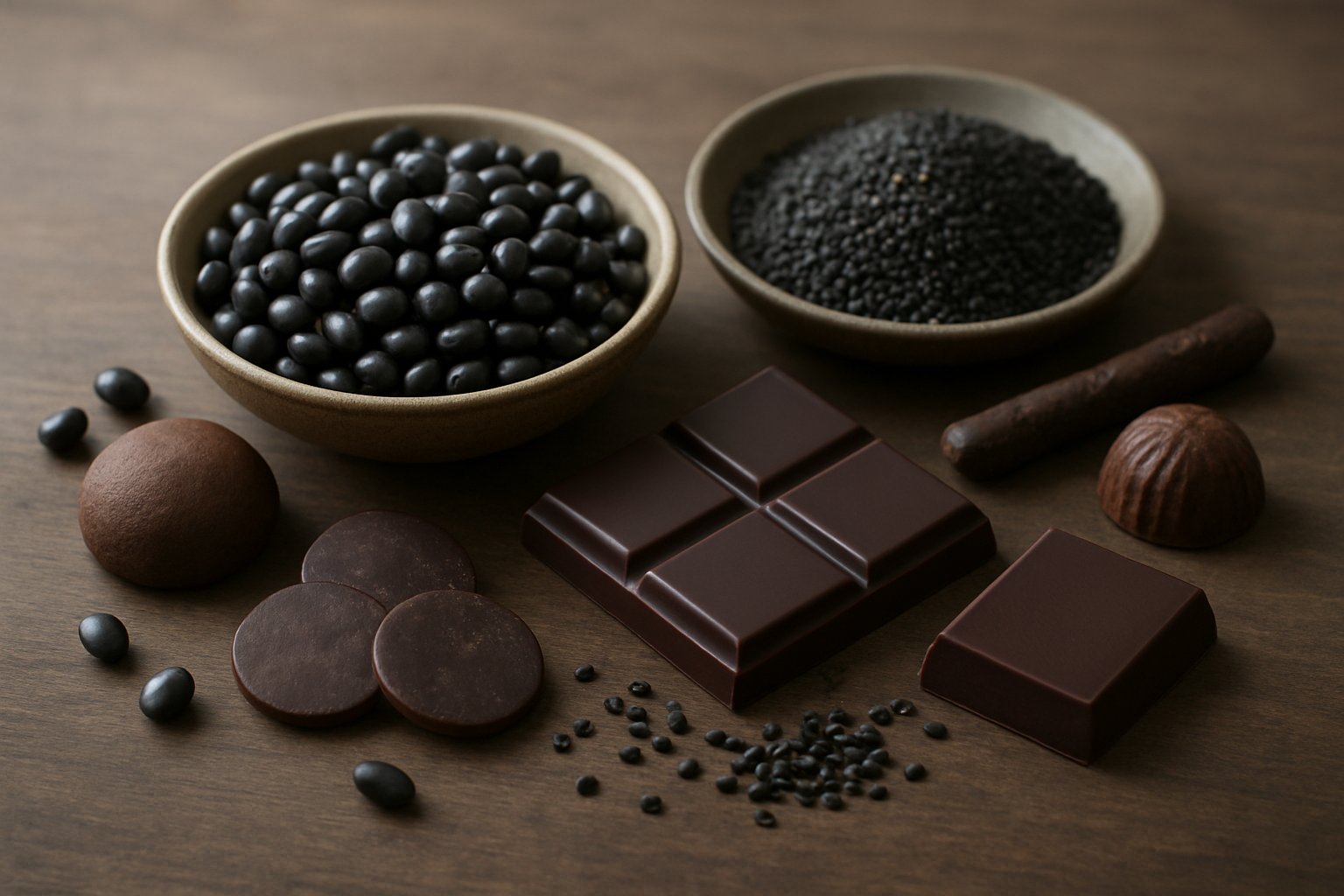黒豆や黒ごまなど黒い食材とチョコ菓子を並べたテーブルのイメージ