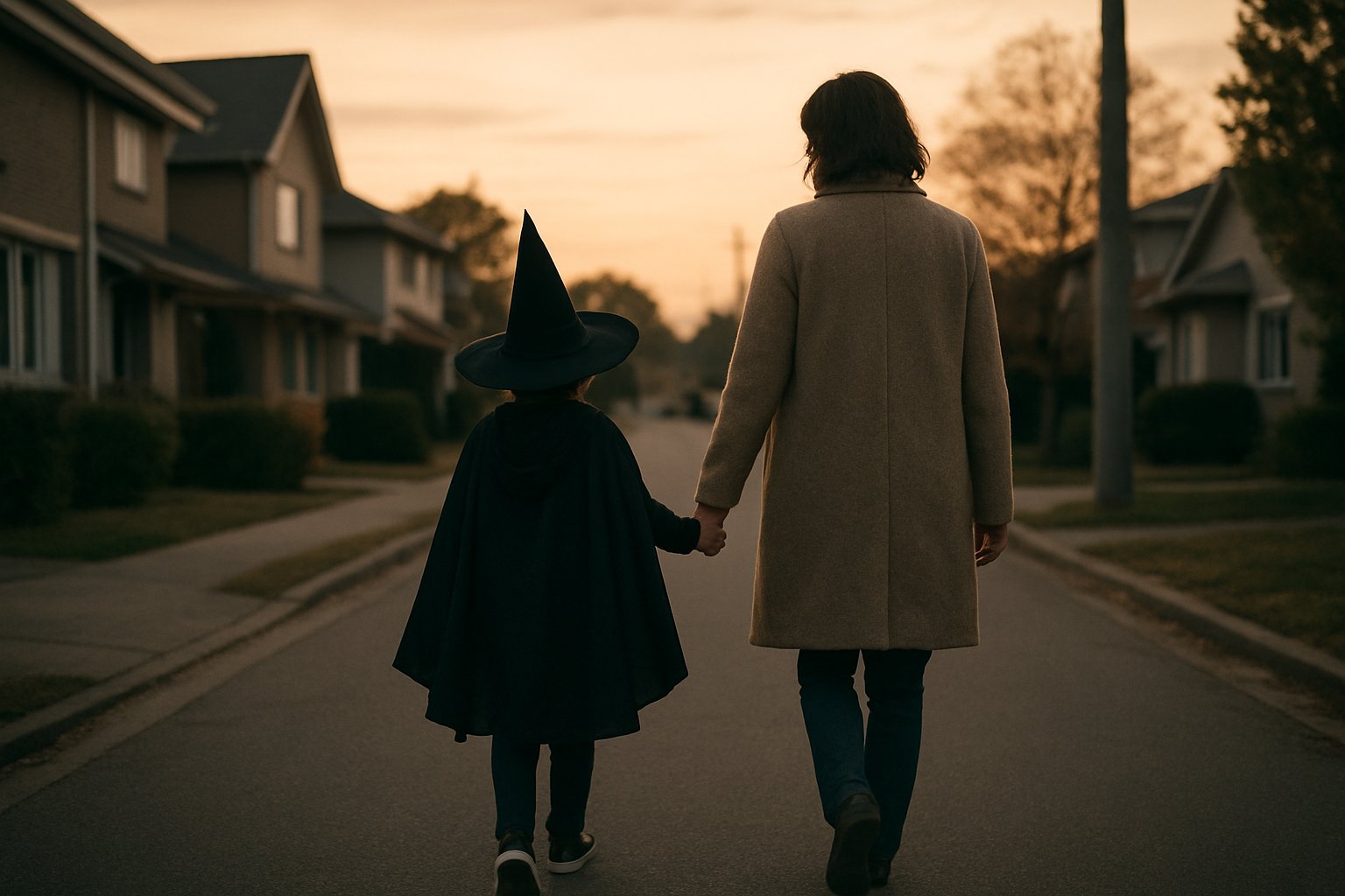 夕暮れの住宅街を、マントと帽子の軽い仮装をした子どもが保護者と手をつないで歩く後ろ姿
