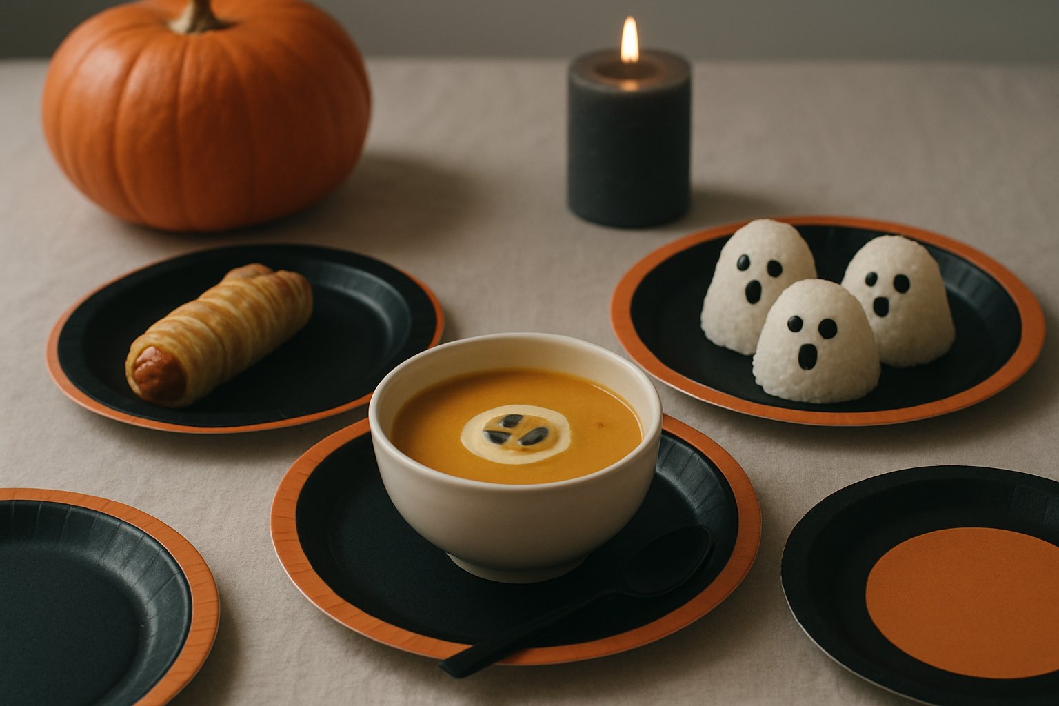 ハロウィーンパーティーのテーブル。かぼちゃのスープ、おばけ形のおにぎり、ミイラ風のソーセージパイ、オレンジと黒の紙皿が並ぶ食卓