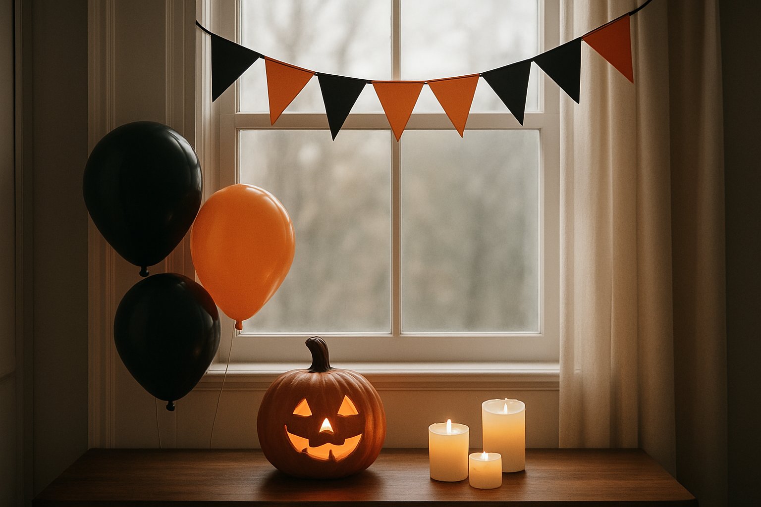 ハロウィーンの飾り付けをした部屋。窓辺のオレンジと黒のガーランド、風船、LEDキャンドルを入れた小さなかぼちゃのランタン