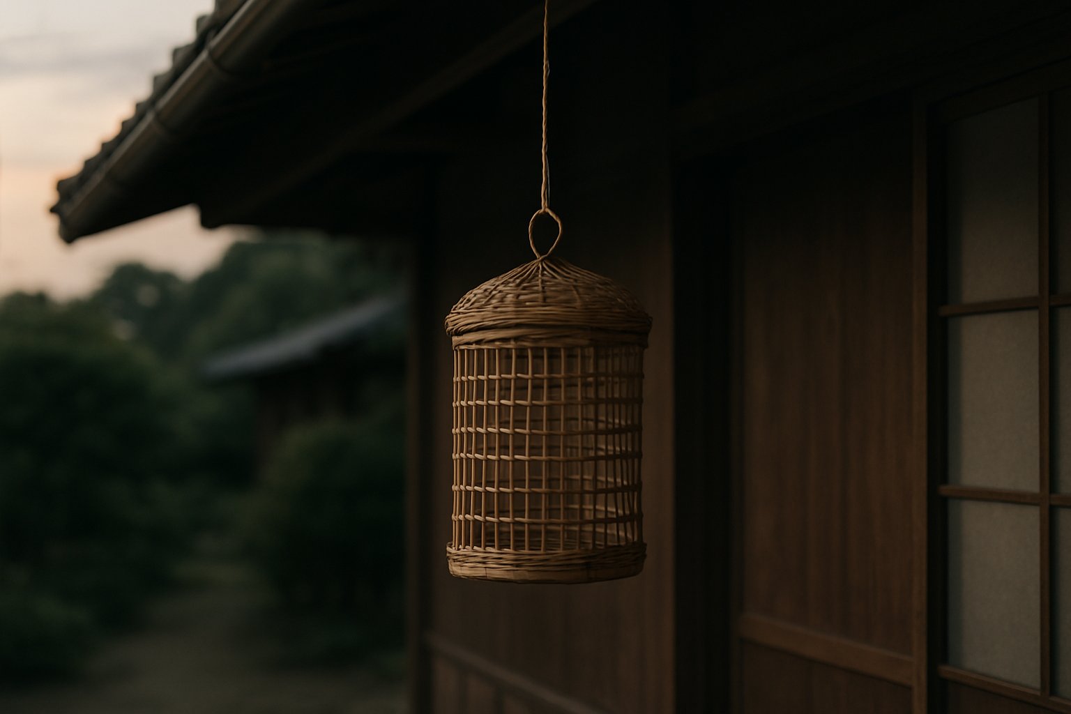 竹で編んだ昔ながらの虫かごが縁側の軒先に吊るされている、夏の夕方の落ち着いた風景イメージ