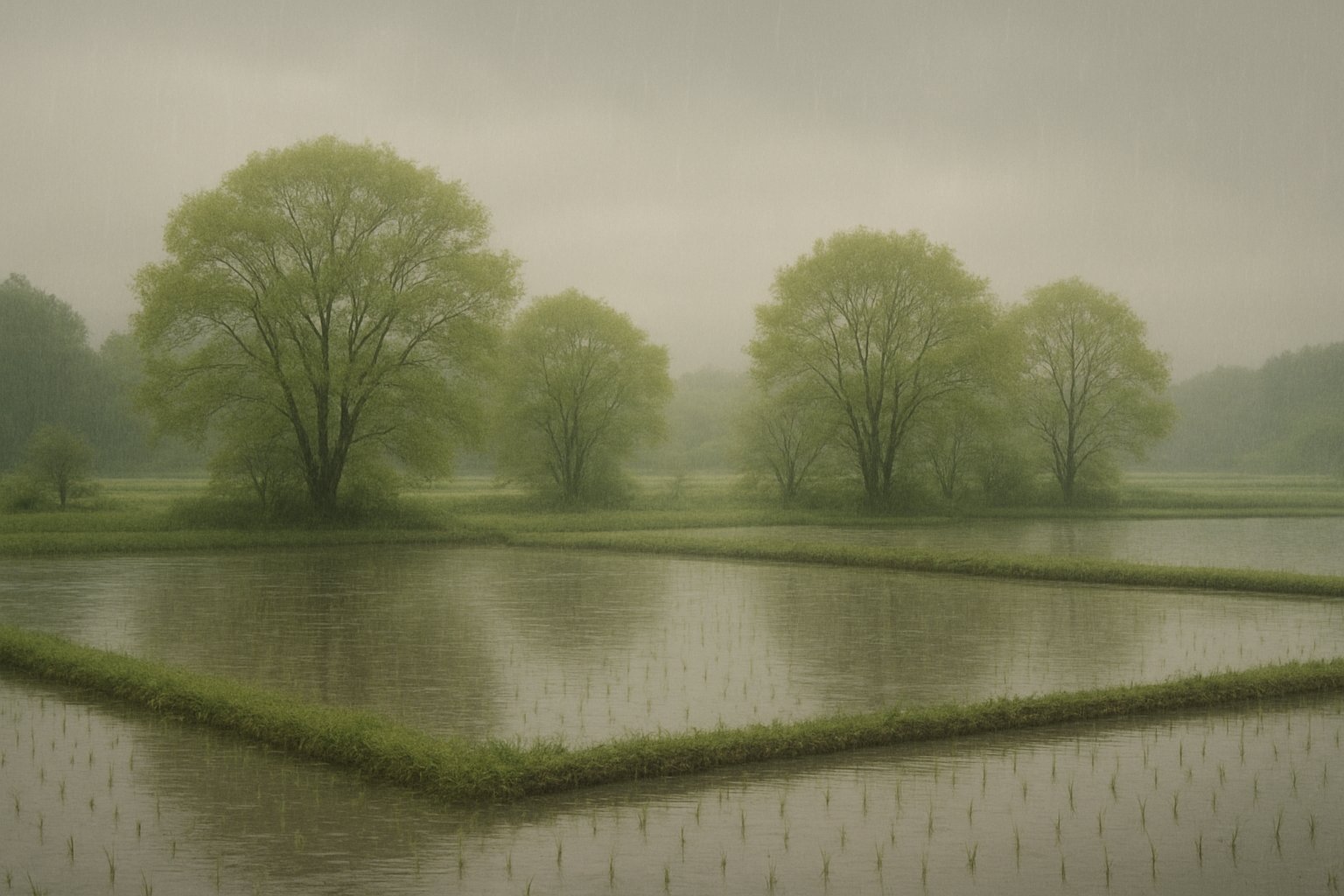 しとしとと雨が降る春の田園風景。水を張った田んぼと若葉の木々、やわらかな曇り空