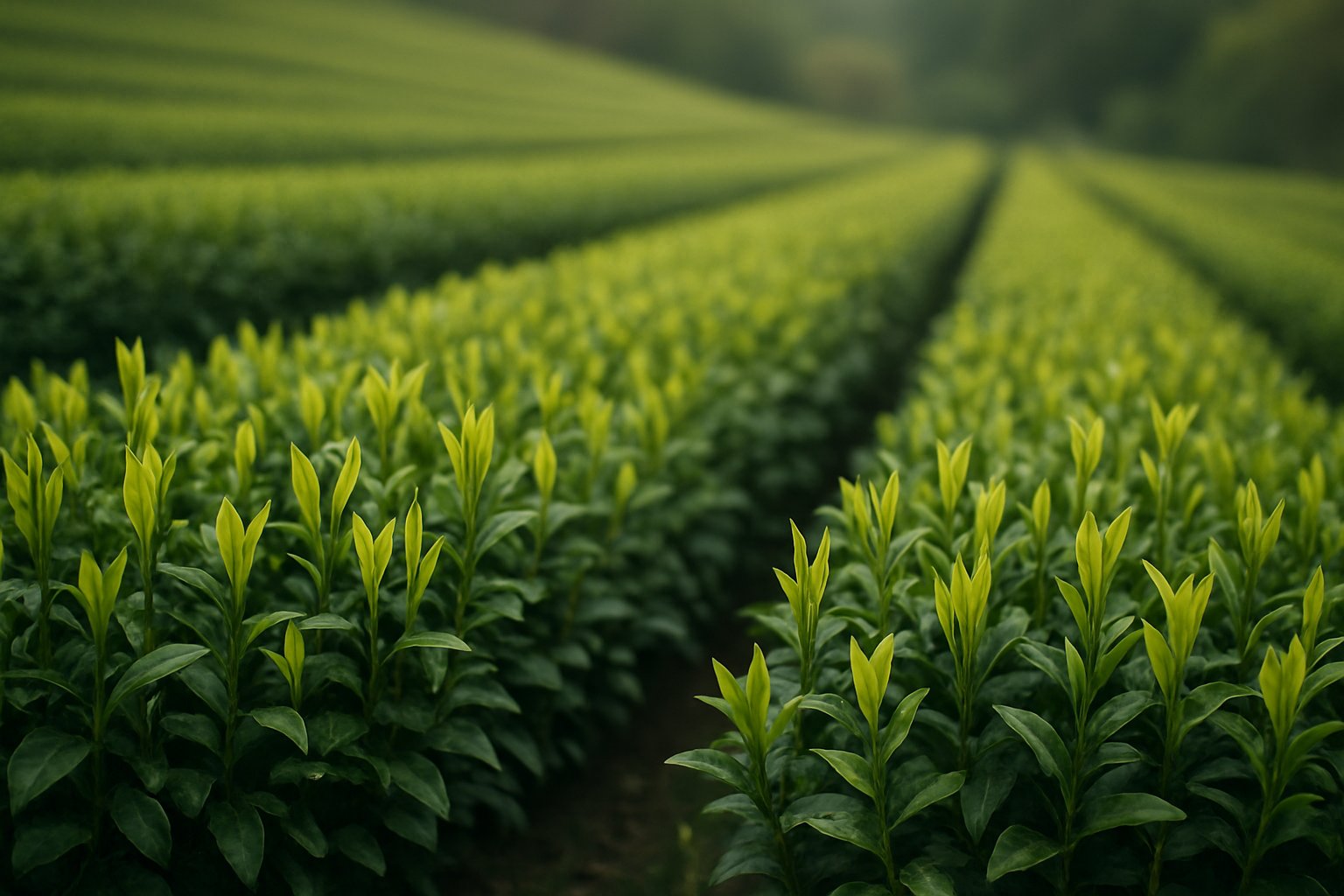 新茶の茶畑で若葉が芽吹いている様子。あざやかな黄緑色の新芽が並ぶ茶畑の風景
