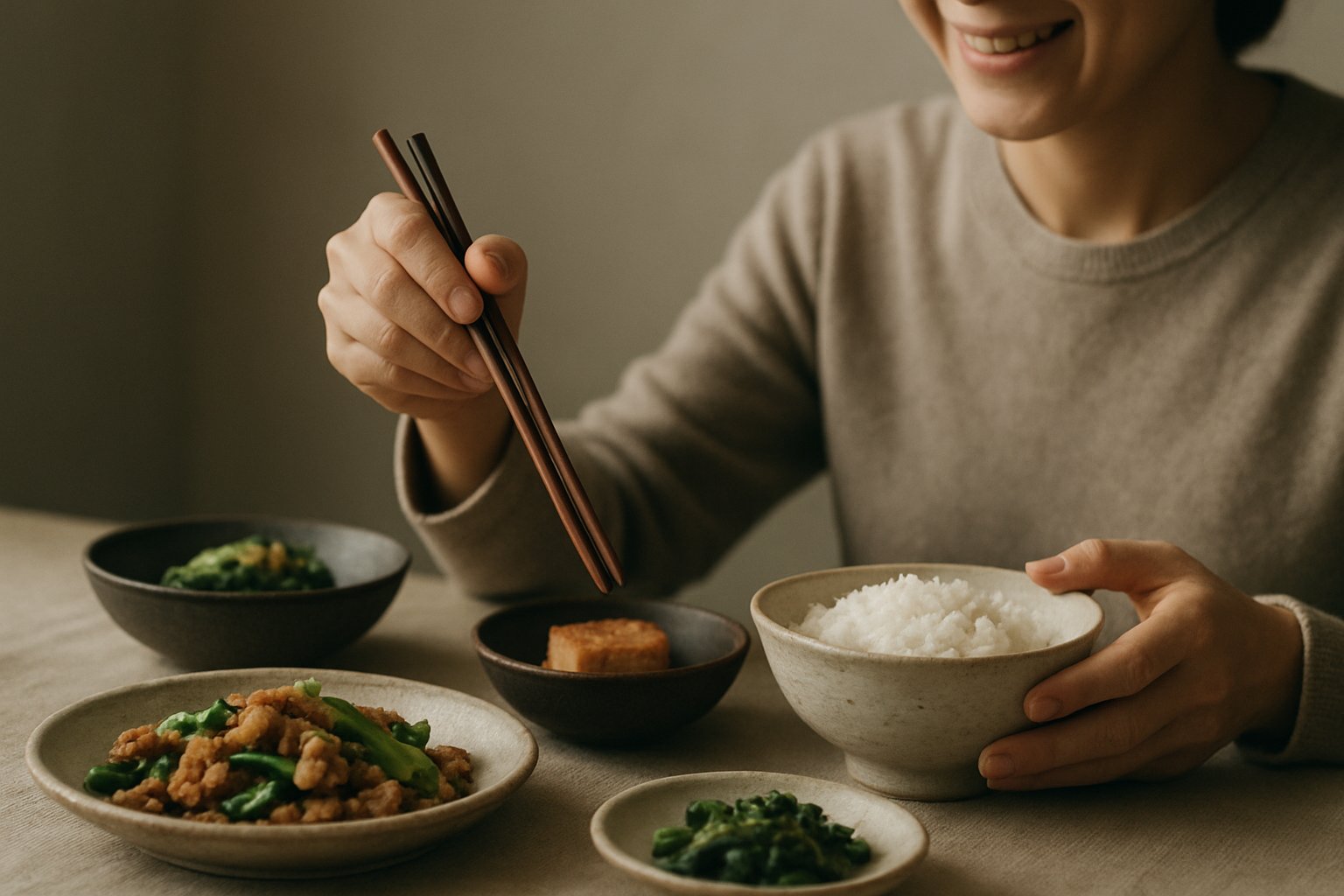 食卓に並んだ料理を前にうれしそうに箸を持つ人の手元を描いた、落ち着いた色合いのイメージ