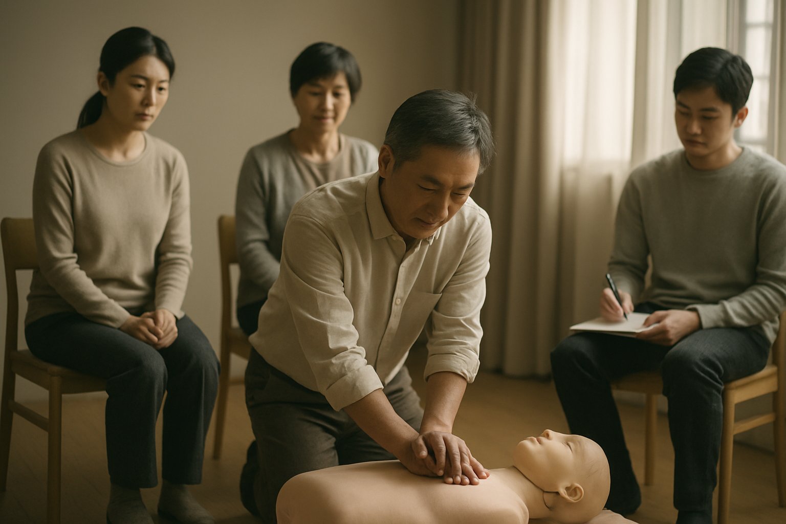 地域の講習会で応急手当を学ぶ人たちの落ち着いた雰囲気のイメージ