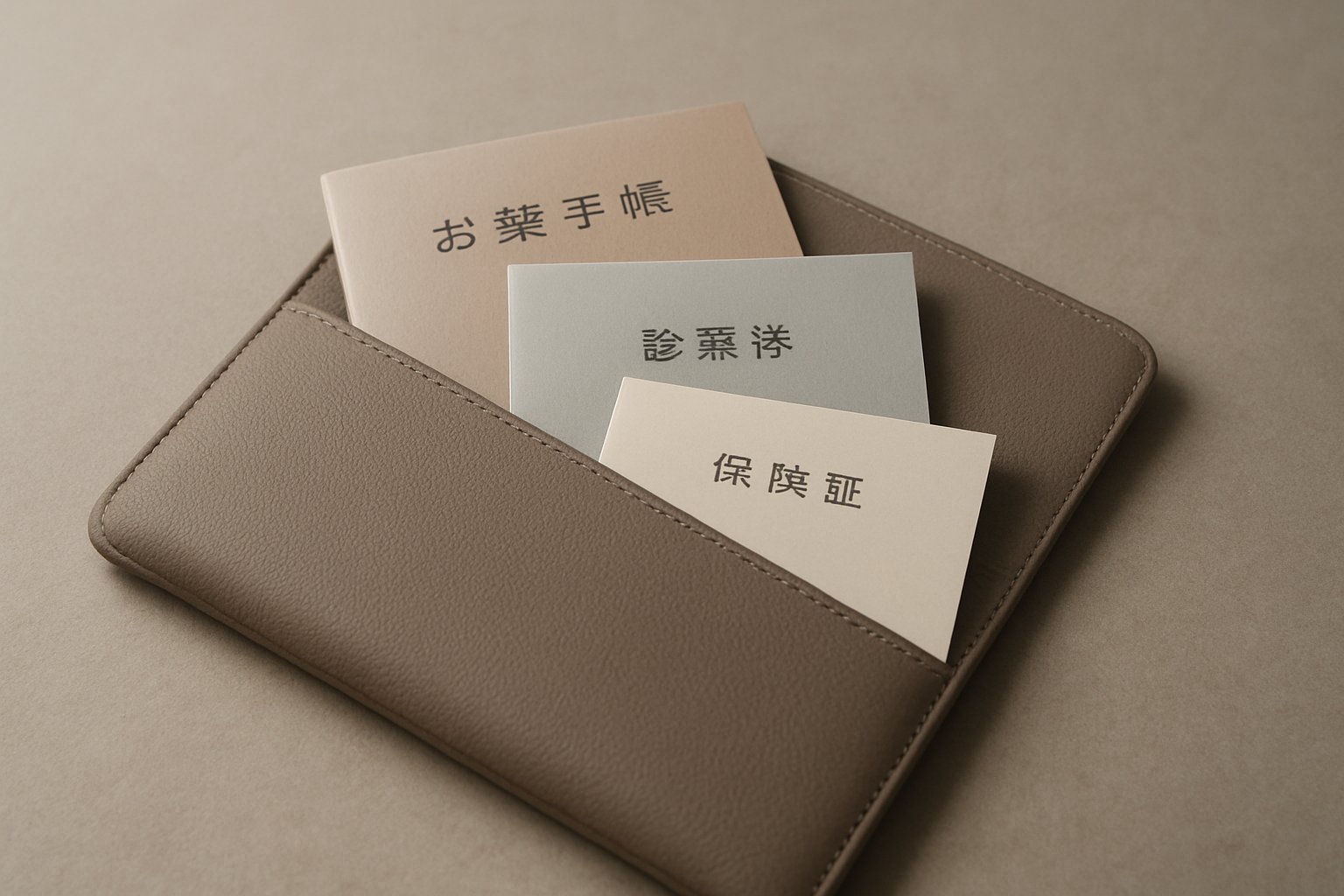 お薬手帳・診察券・保険証をケースにまとめた落ち着いたトーンのイメージ