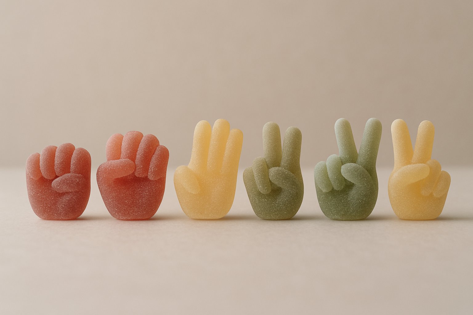 グー・チョキ・パーの手の形をしたカラフルなグミが並んでいるイメージ