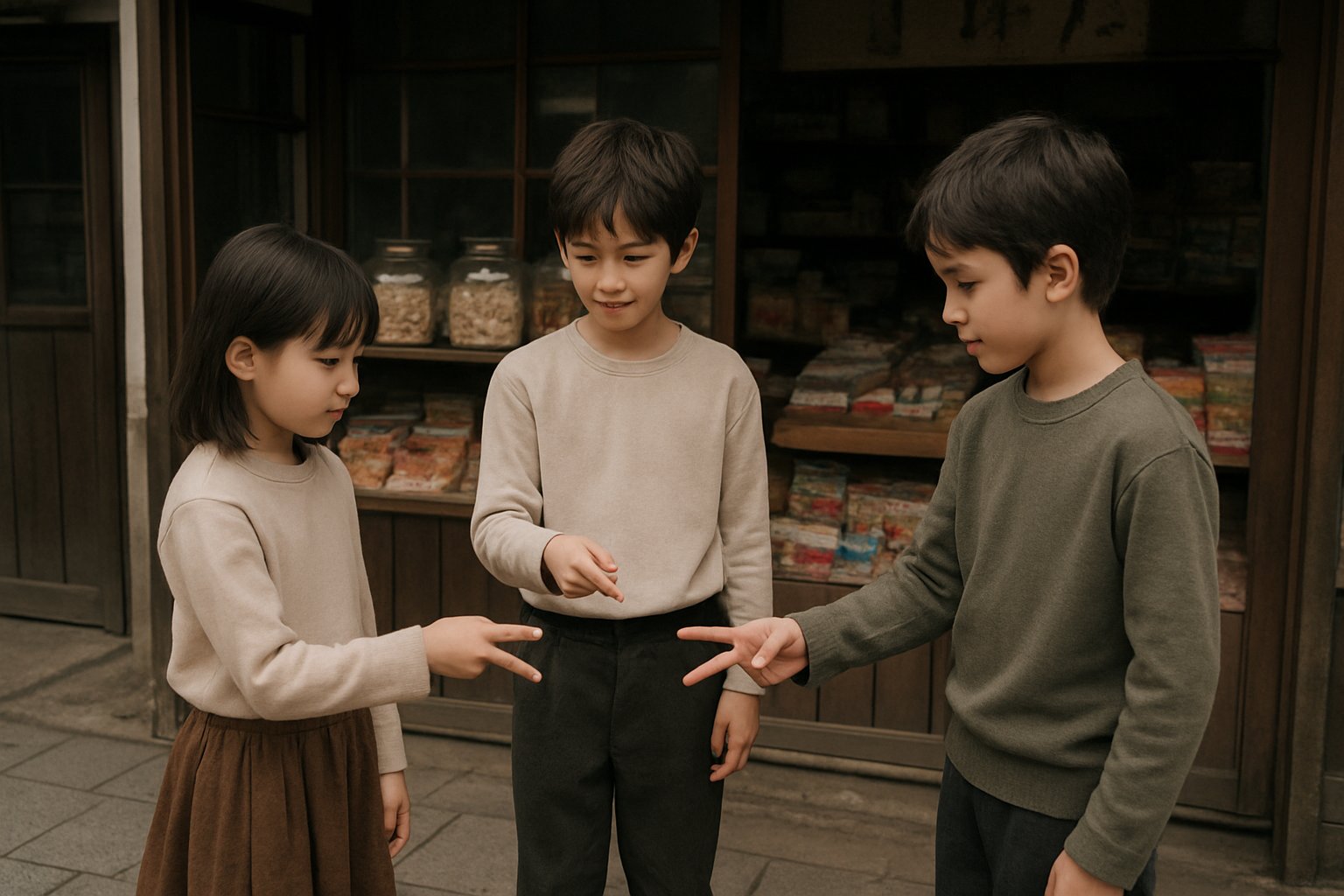 駄菓子屋の店先で子どもたちがじゃんけんをしている様子