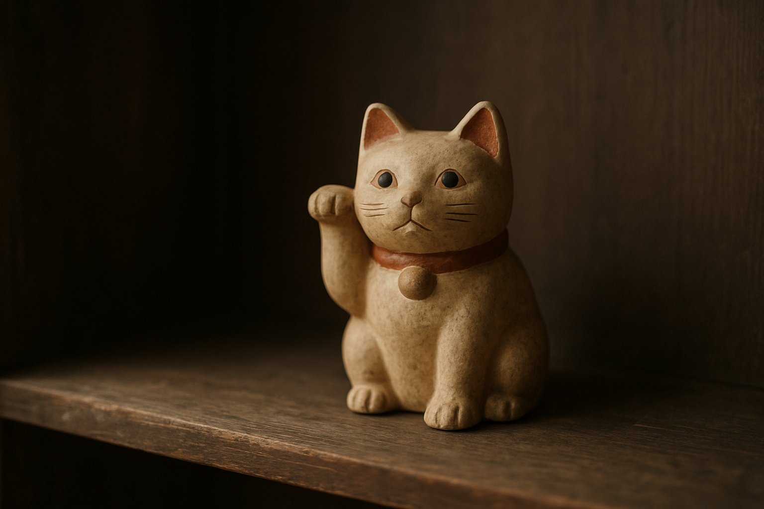 素朴な土人形の招き猫が、古い木の棚の上に落ち着いた光の中で置かれている写真風のイメージ