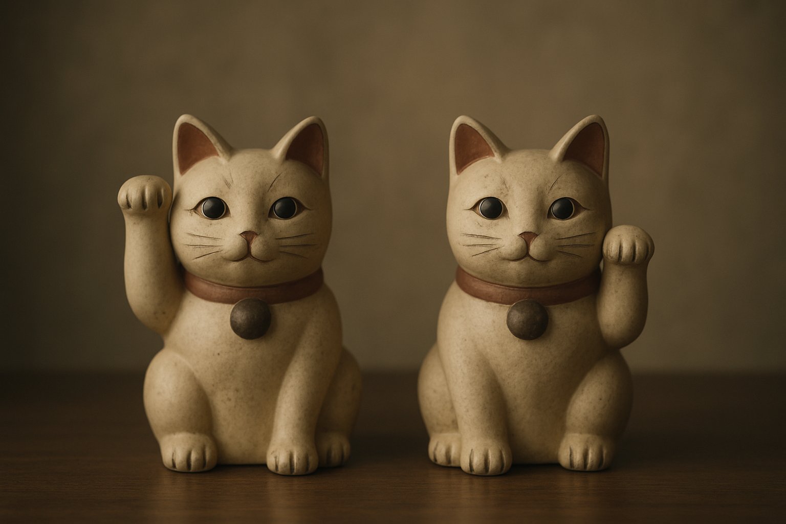 右手を上げた招き猫と左手を上げた招き猫が並んで置かれた、落ち着いた色調の写真風イメージ