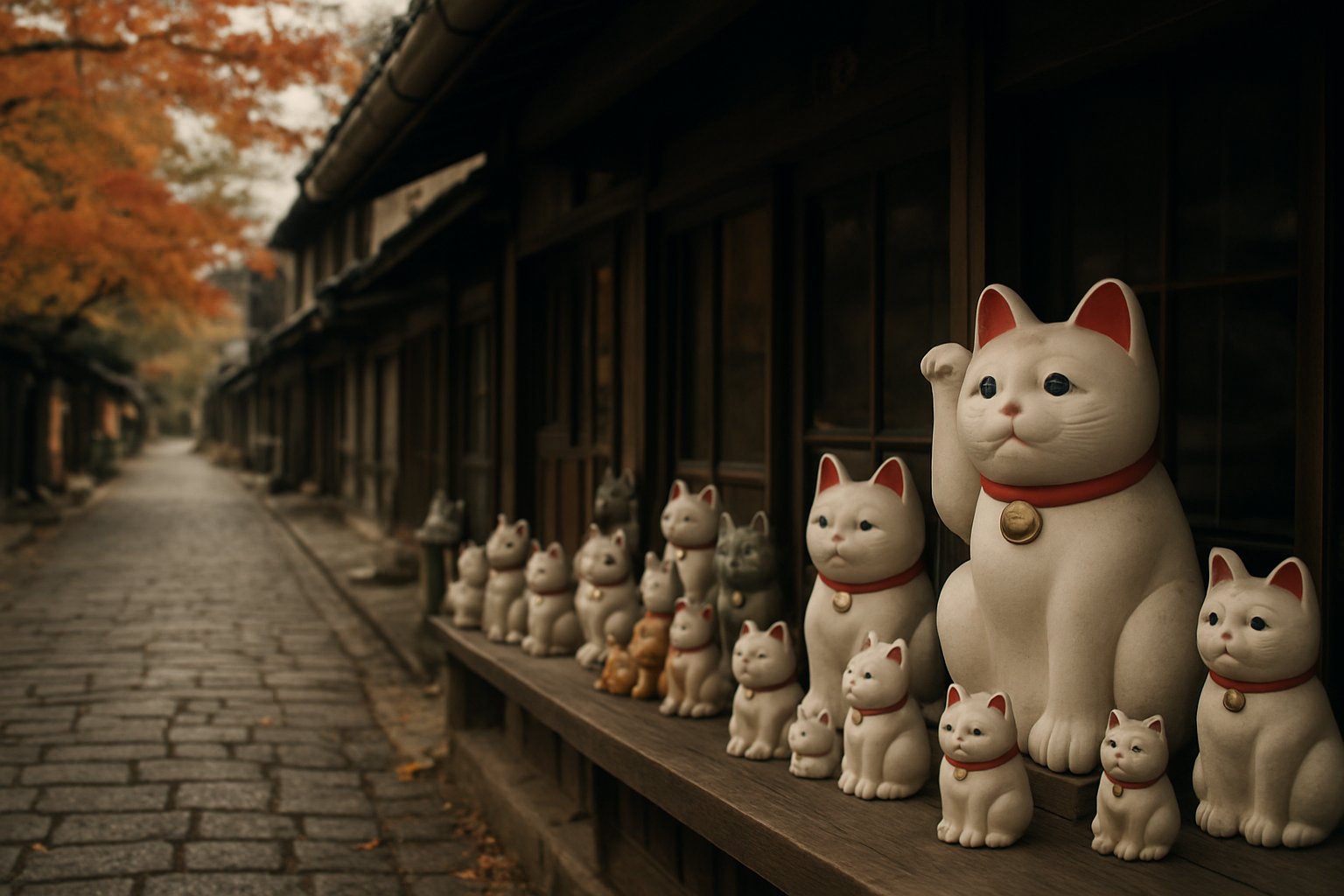 石畳の門前町の軒先に、大小さまざまな招き猫が並ぶ秋の風景の写真風イメージ