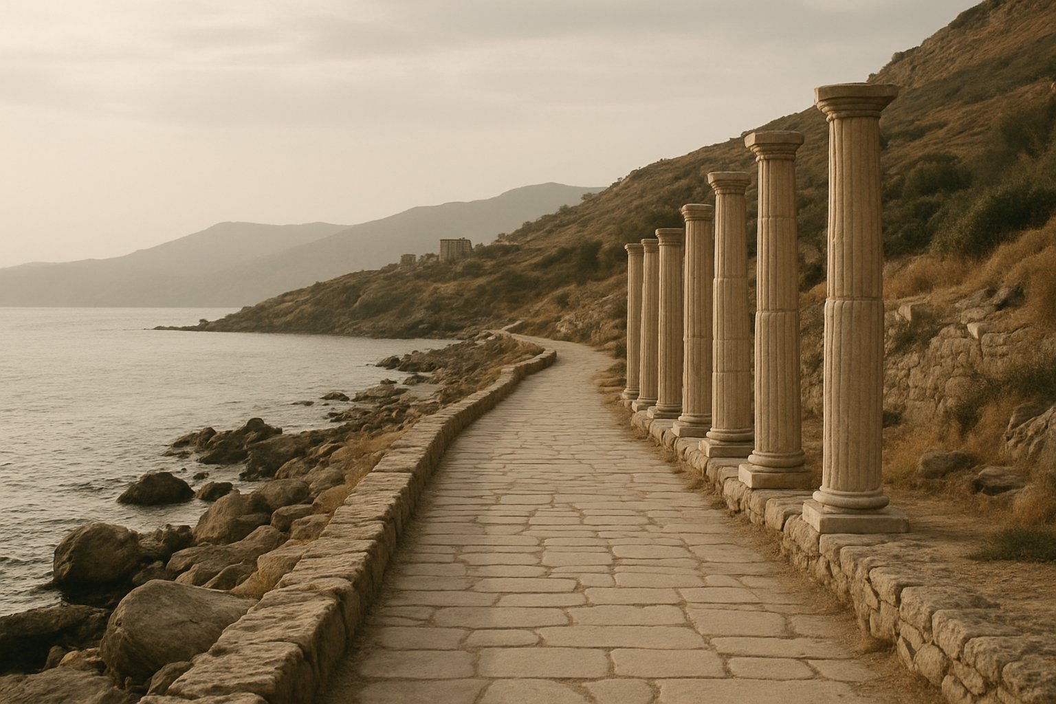 古代ギリシャの海岸沿いの道を思わせる、落ち着いたトーンの風景イメージ