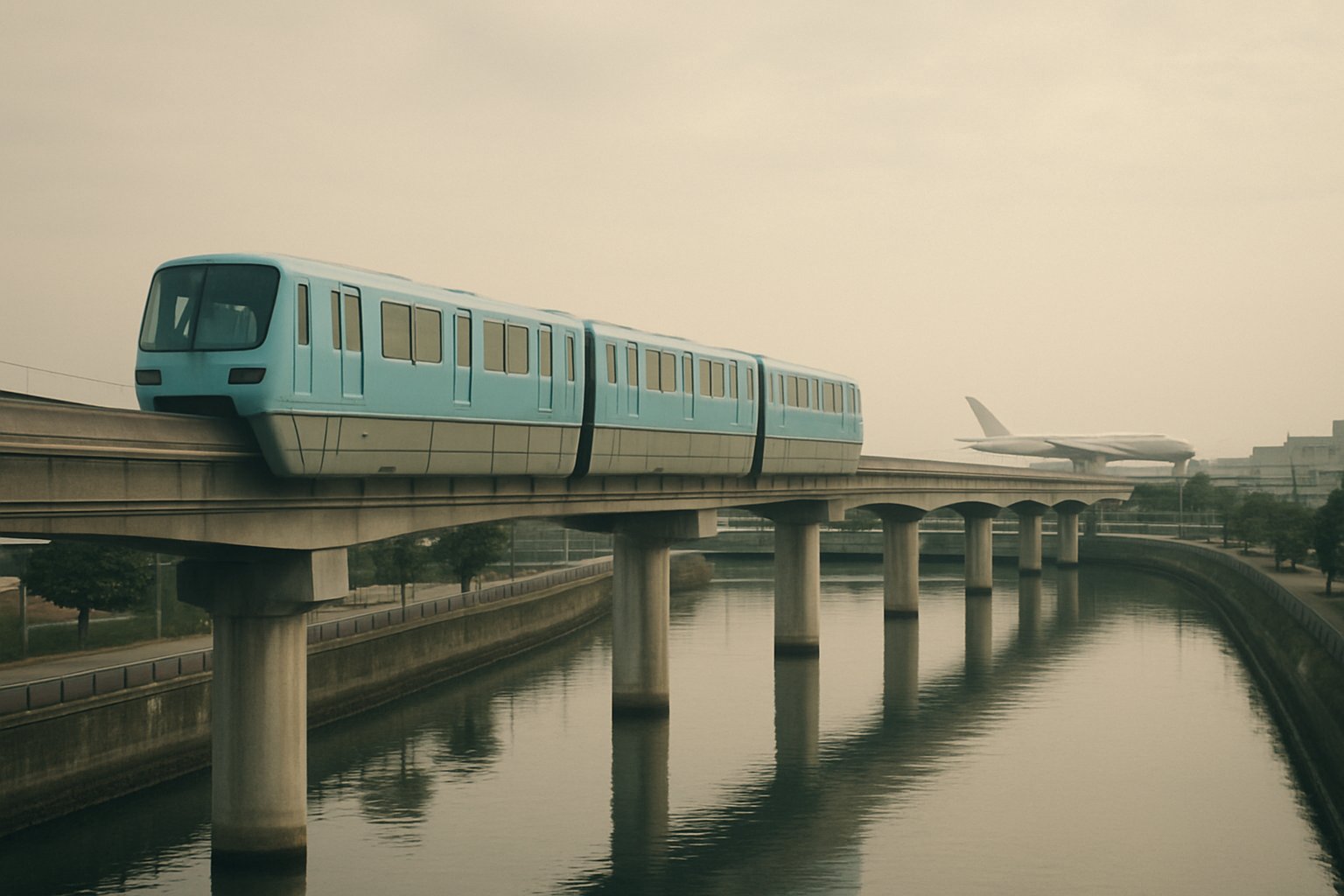 運河沿いの高架を走る水色系のモノレールと、奥に飛行機が見える空港の風景