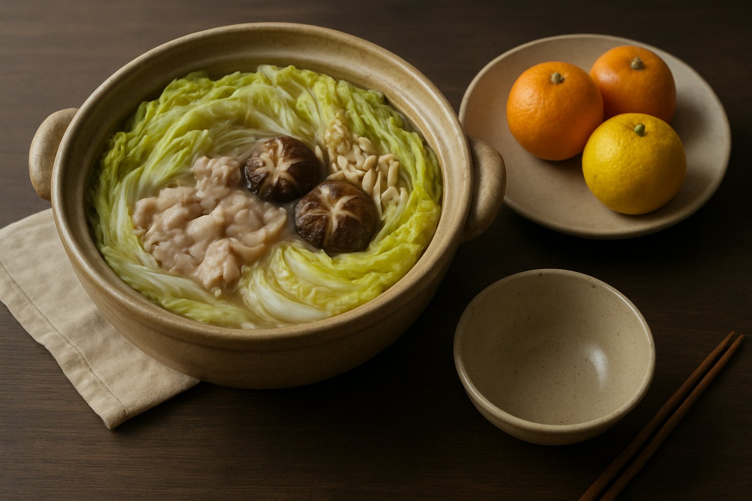 冬の食卓に並ぶ白菜の鍋とみかん・ゆずのイメージ