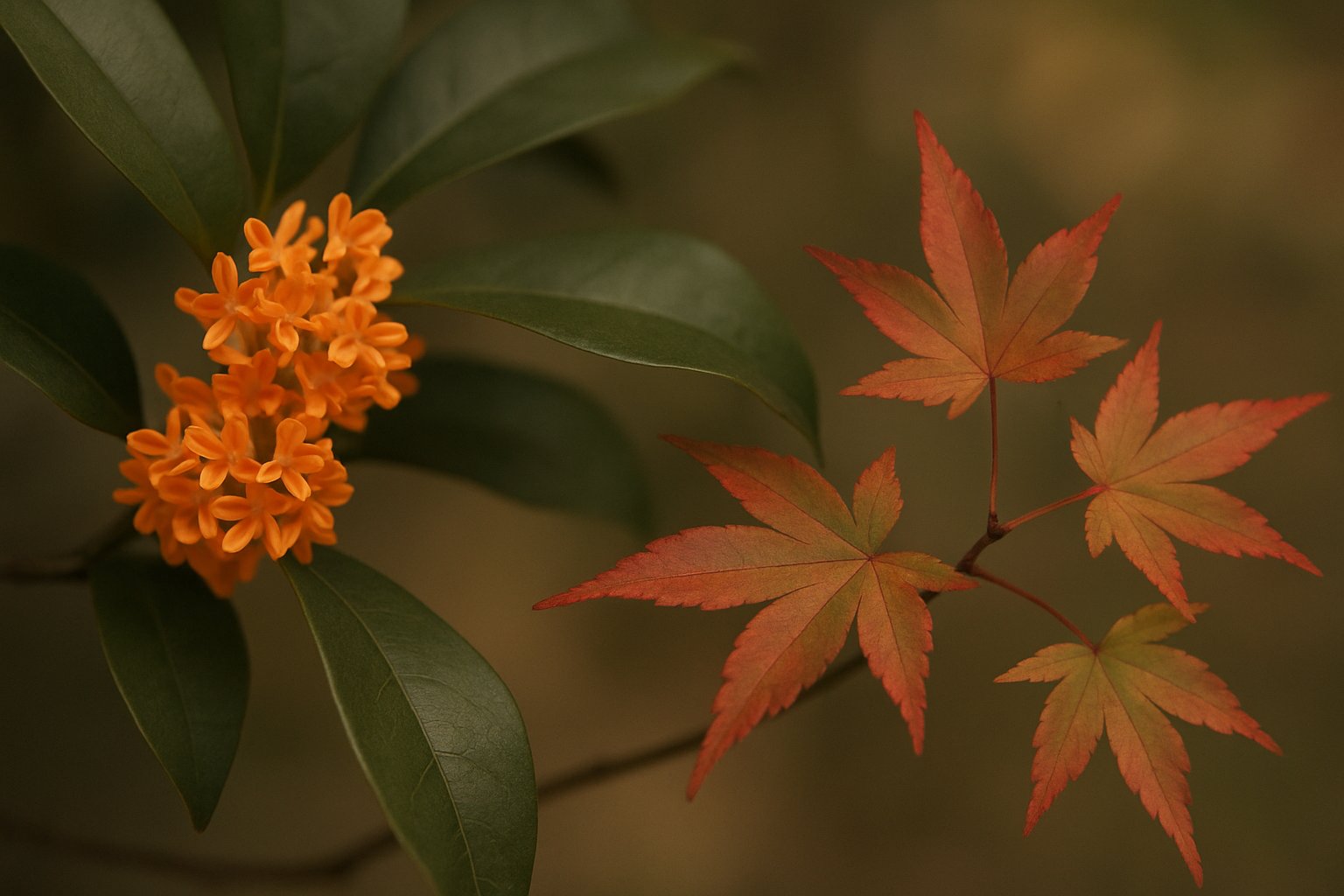 金木犀の橙色の花と、色づきはじめた紅葉の枝を切り取った接写。写真風・落ち着いたトーン