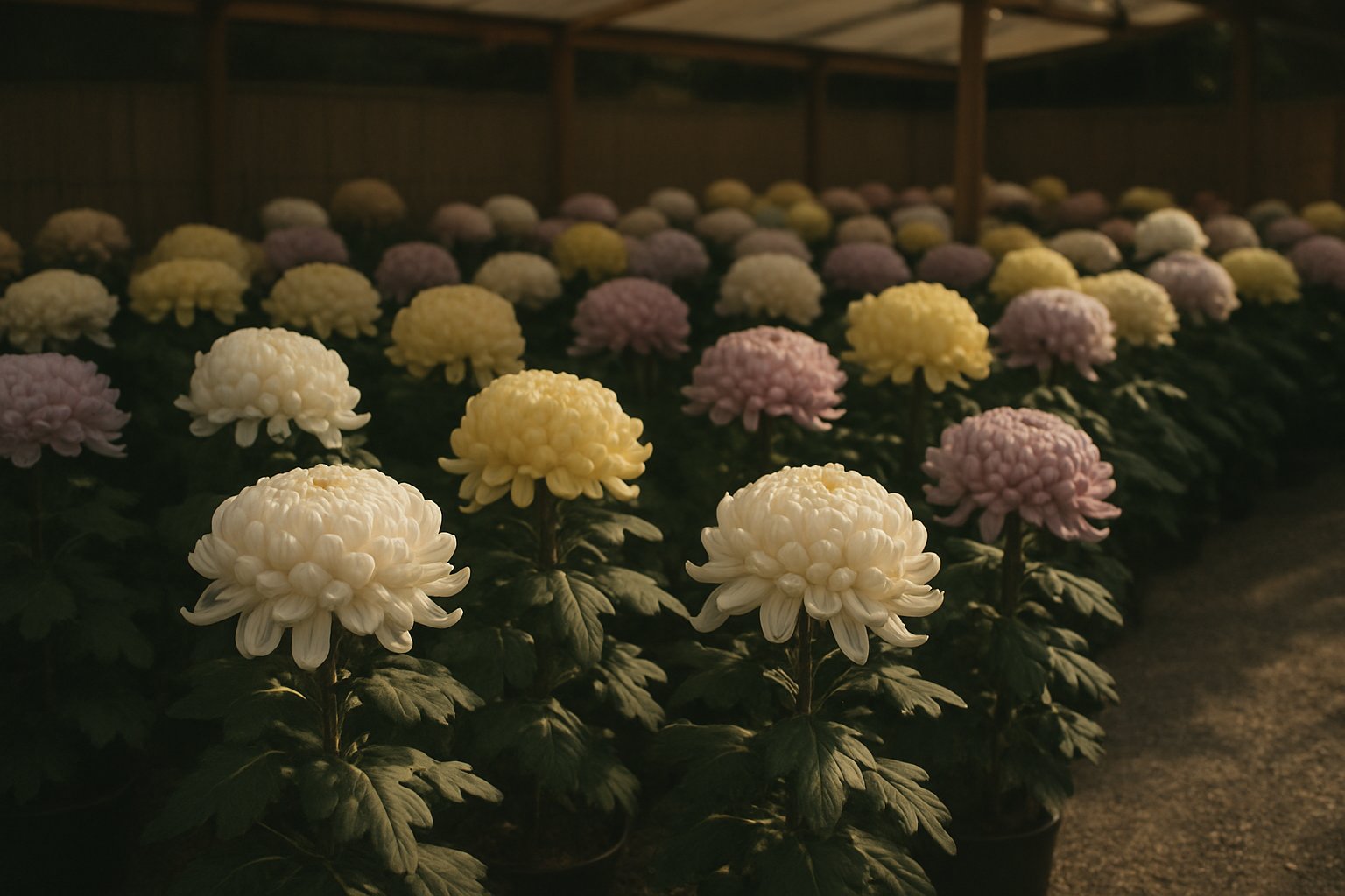 菊花展に並ぶ大輪の菊。日の傾いた午後の光、写真風・落ち着いたトーン