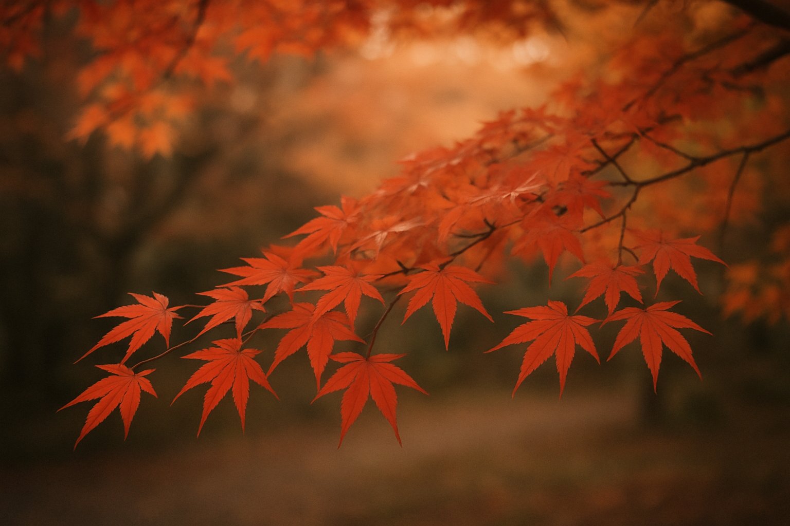 色づいた紅葉と柔らかな夕方の光を、落ち着いた構図で上品に写した写真風イメージ