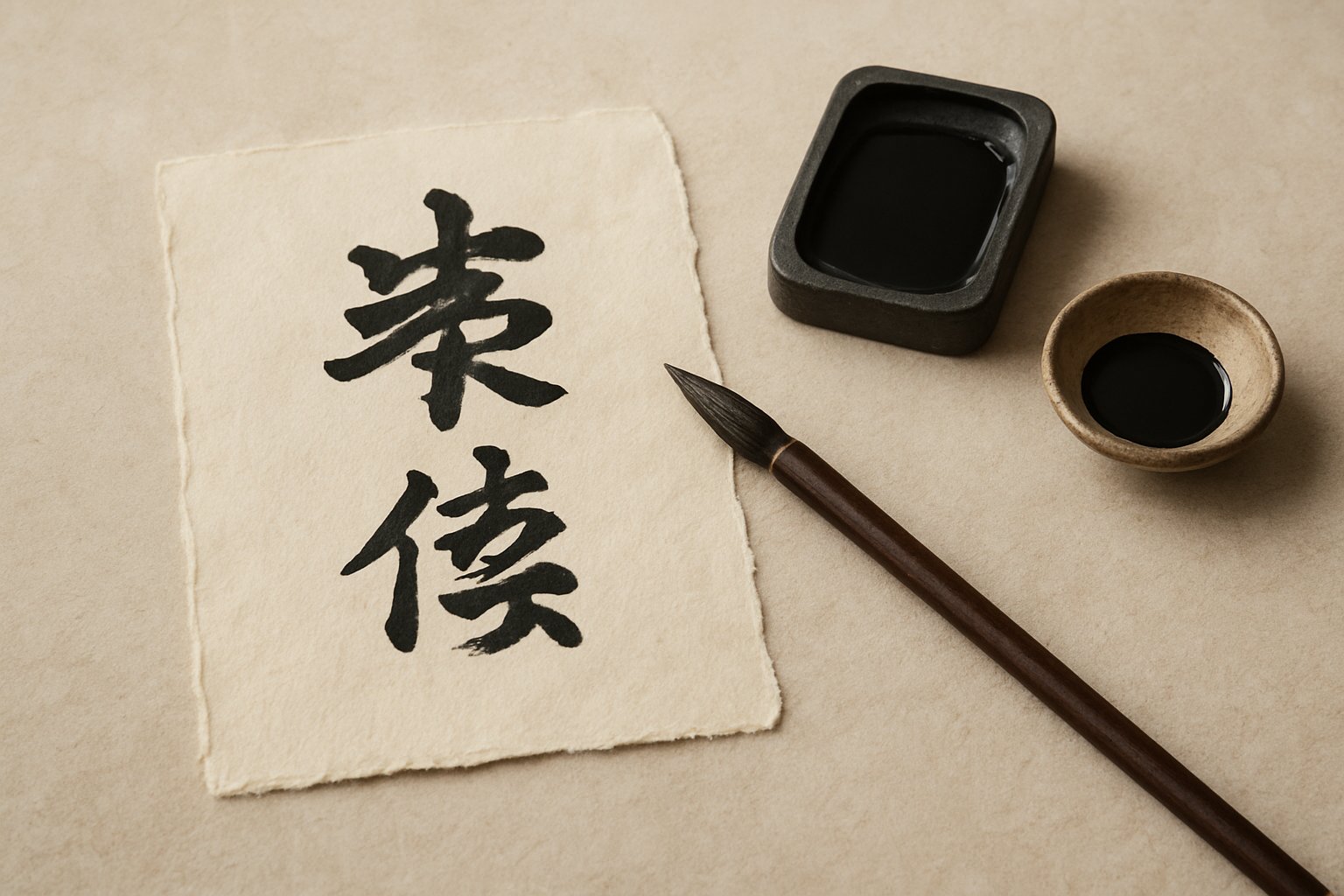 和紙と筆、墨で書かれた文字をイメージさせる落ち着いた色調の静物