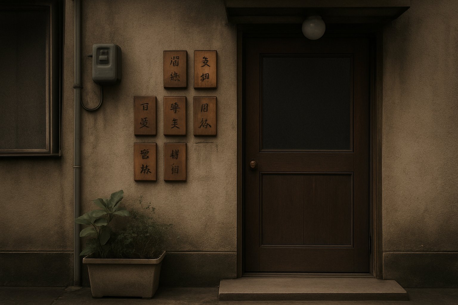 木の表札が並ぶ古い集合住宅の玄関まわりを、落ち着いたトーンで切り取った風景