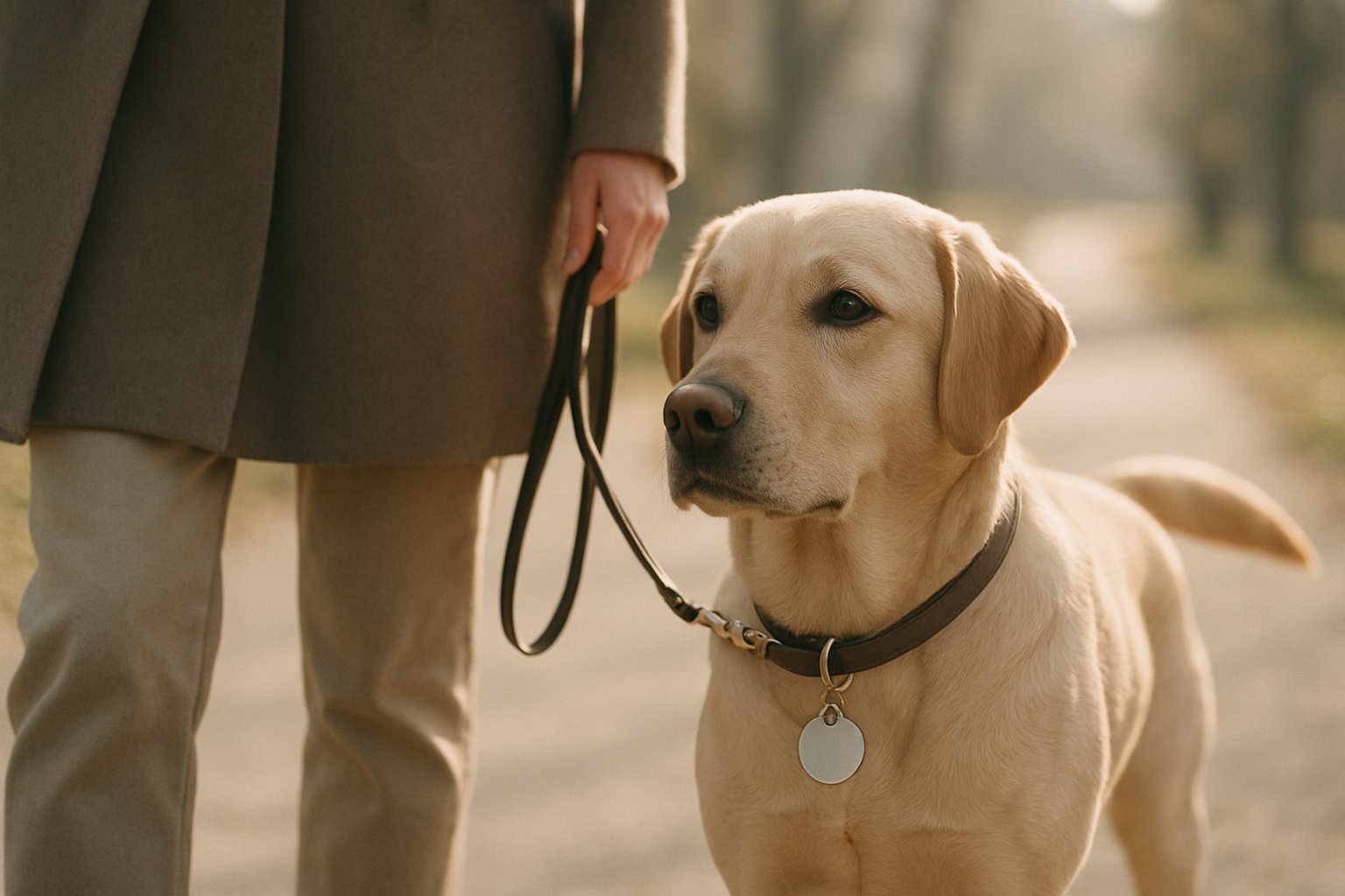 飼い主と散歩する犬と、首輪につけた小さな札が穏やかな日差しの中で描かれたイメージ