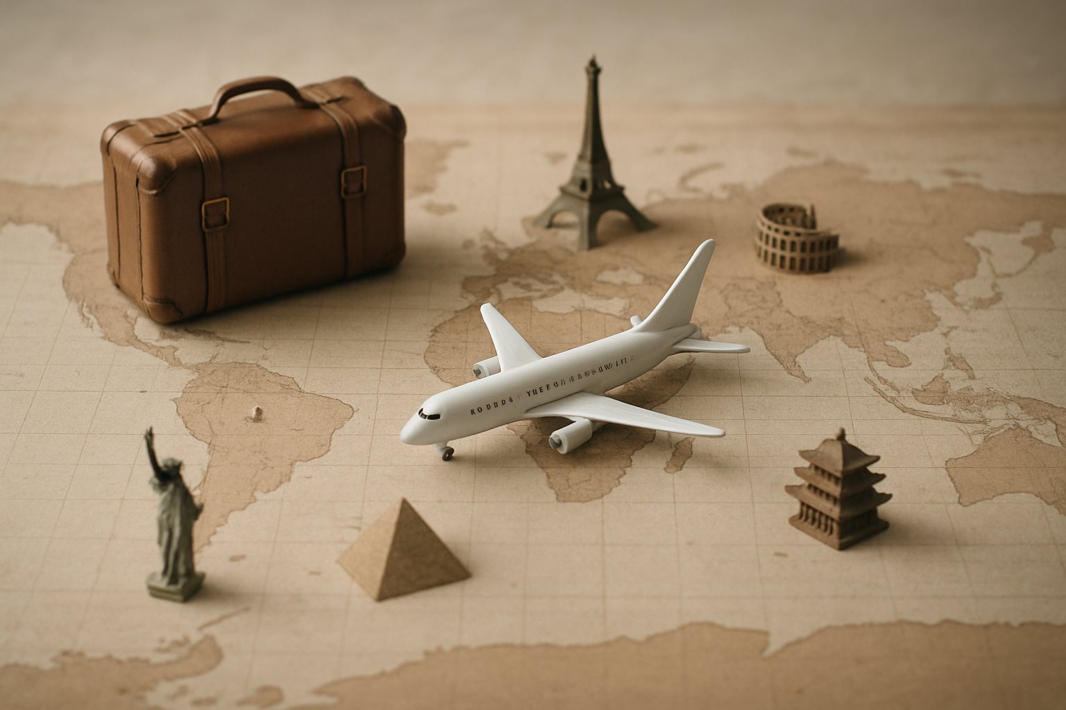 世界地図の上に飛行機や旅行かばん、各国の名所が小さく描かれたイメージ