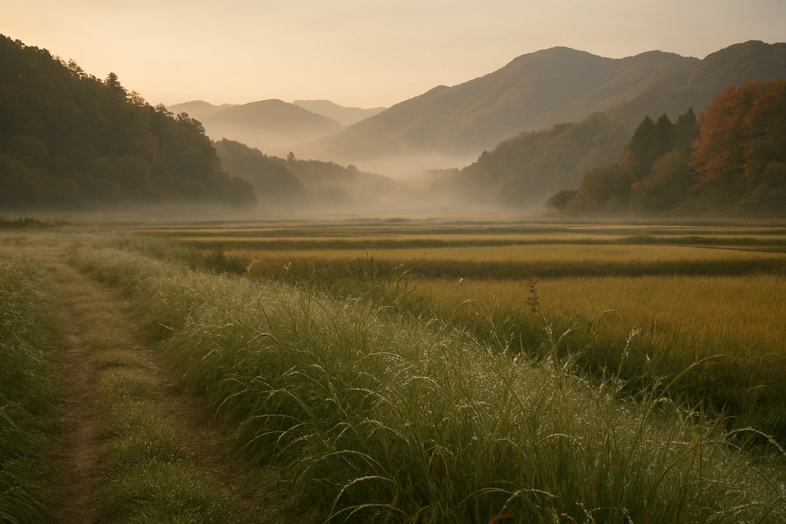 秋の朝、田んぼのあぜ道の草に細かな露が光り、奥には色づき始めた山並みと薄い朝霧が広がる日本の里山の風景