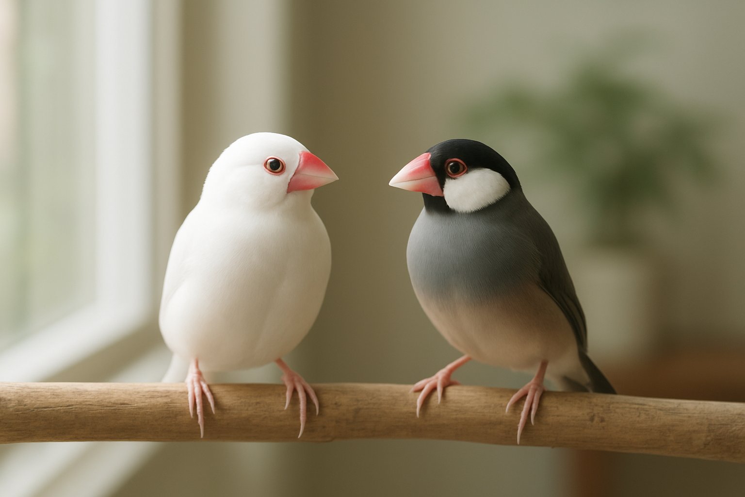明るい窓辺の木の止まり木に、真っ白な体に赤いくちばしの白文鳥と、灰色の体に黒い頭・白い頬の桜文鳥が2羽並んでとまっている様子