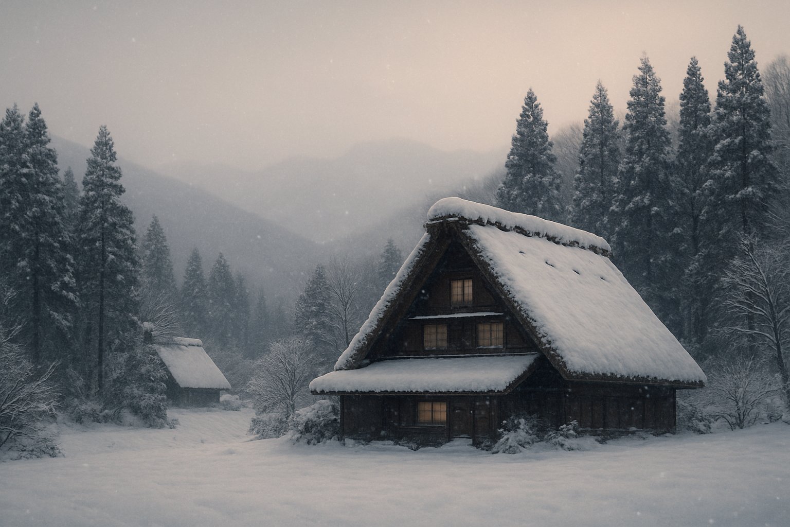 雪が静かに降り積もる日本の山里の夕景。茅葺き屋根の民家と杉木立が雪化粧し、遠くの山並みは淡い灰色にかすむ