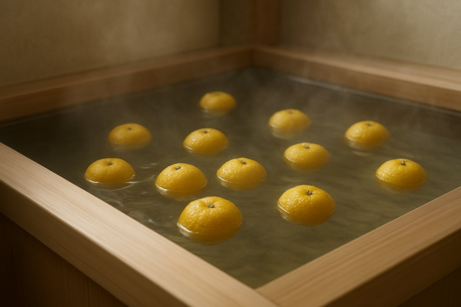 木の湯船の湯面に、黄色く熟したゆずがいくつも浮かんでいる冬至のゆず湯。やわらかな湯気が立ちのぼり、ひのきの縁と淡い光が見える