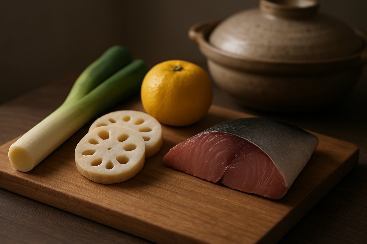 冬の食卓を思わせる静物。木のまな板の上に、太い長ねぎ、輪切りのれんこん、黄色いゆず、つややかなぶりの切り身が並び、背景には土鍋がほのかに見える