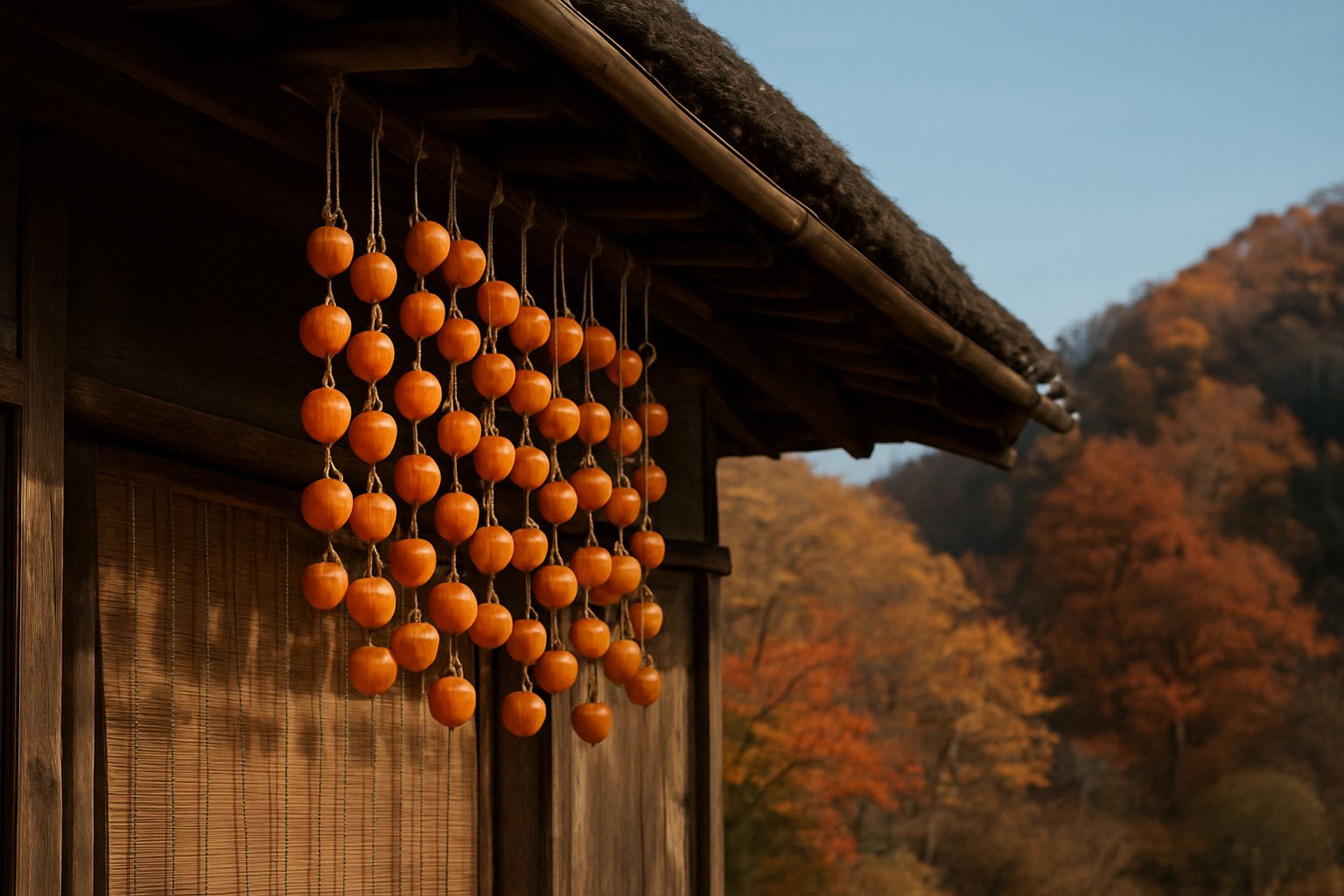 晩秋の山あいの古い民家の軒先に、オレンジ色の吊るし柿がすだれのように連なっている風景