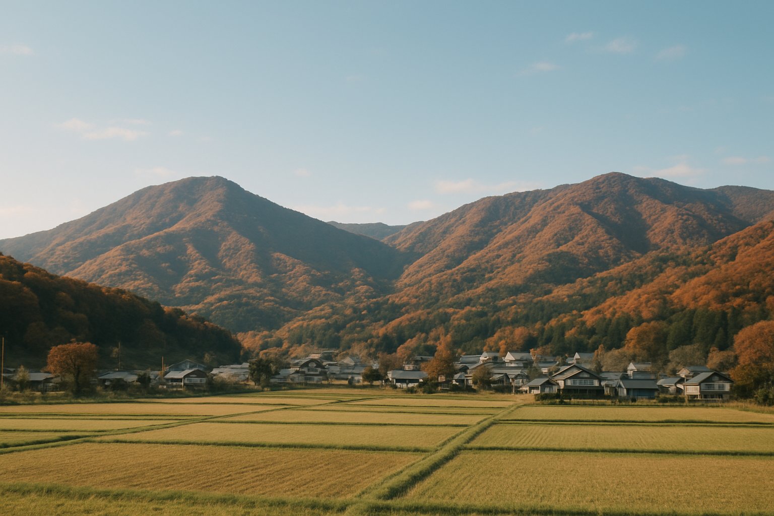 秋晴れの空の下、紅葉が始まった山並みを背景に、なだらかな田園と小さな町並みが広がる群馬の里山の風景