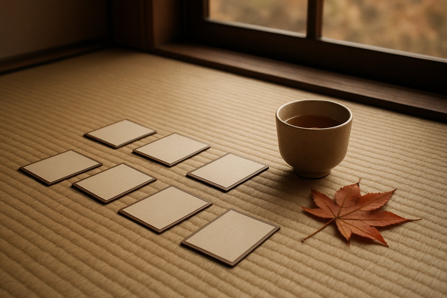 秋の午後、和室の畳の上に昔ながらのかるたの札が数枚並べられ、そばに湯のみと紅葉した葉が置かれている様子