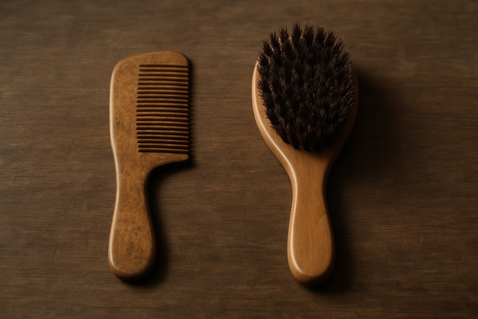 落ち着いた木の机の上に、使い込まれたつげ櫛と、豚毛の木製ヘアブラシが並べて置かれている静物