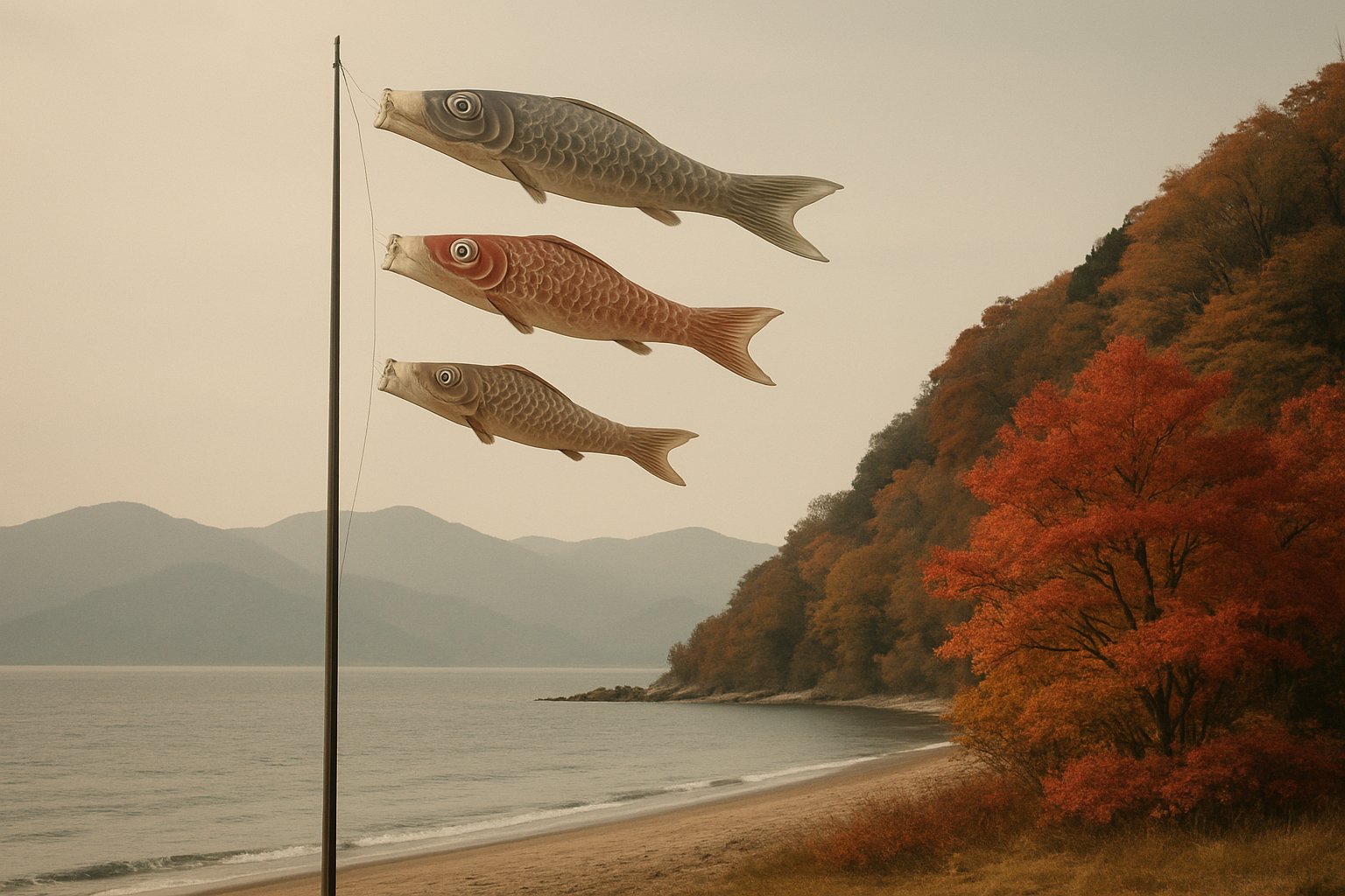 こいのぼり、海辺、山の稜線、紅葉など季節の祝日を連想させるモチーフを一枚に配した落ち着いた写真風イメージ