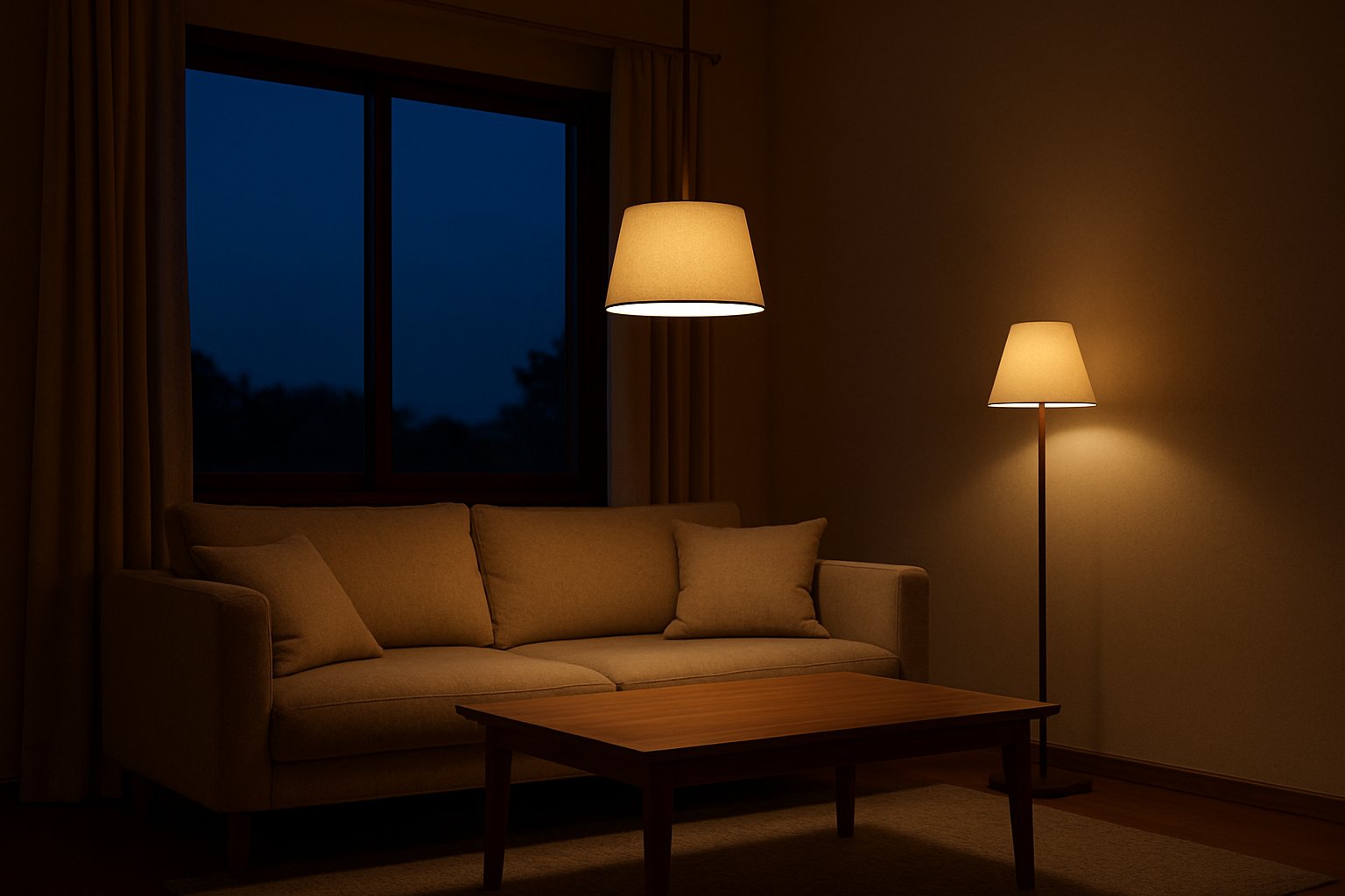 夕暮れどきの落ち着いたリビング。窓の外は藍色の空で、室内は電球色のペンダントライトとフロアランプがやわらかく灯り、ソファと木のテーブルを照らしている