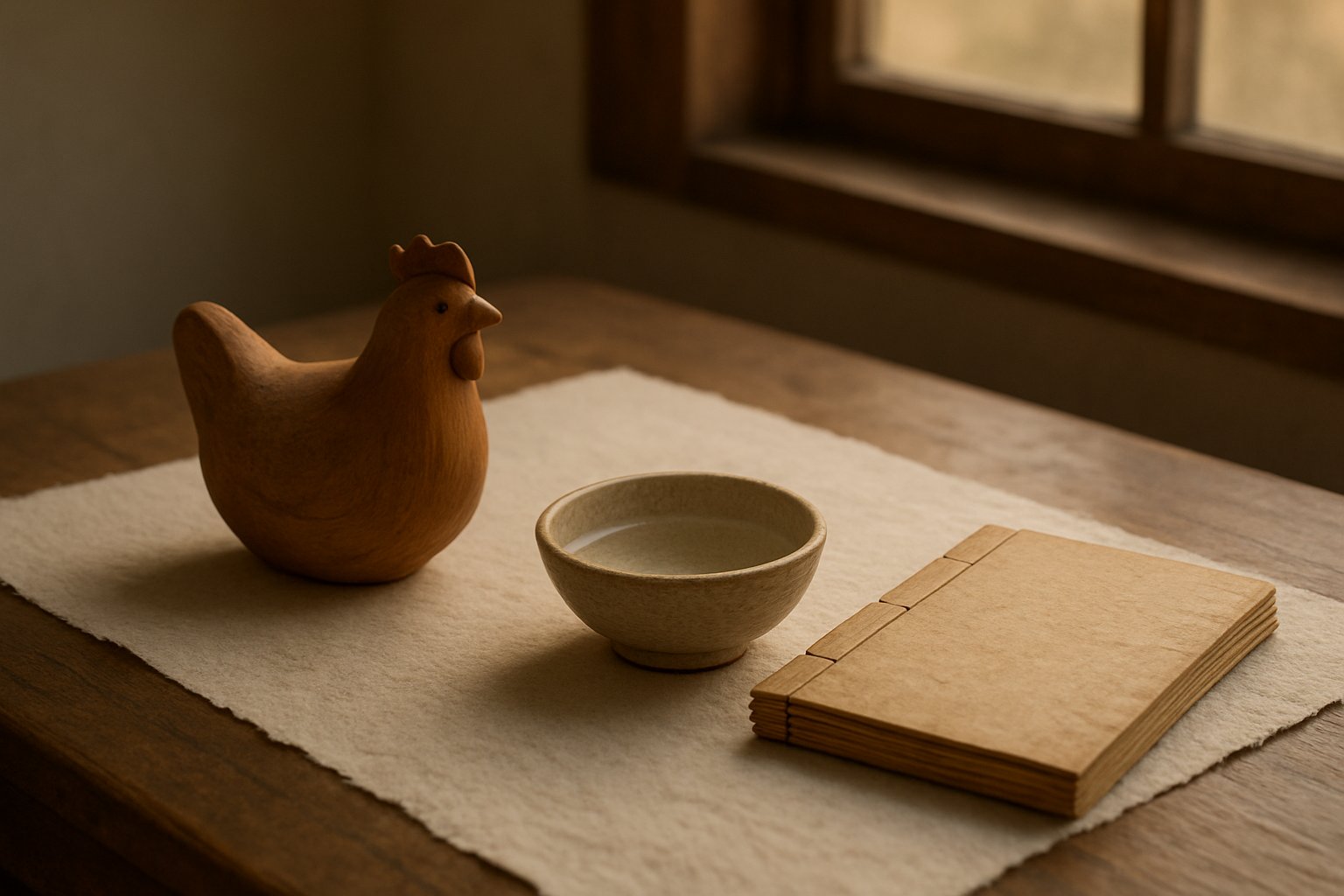 和紙を敷いた木の机の上に、素朴な木彫りの鶏の置物と、水を張った小さな陶器の器、古い和綴じの暦の本が並ぶ様子。窓から夕方のやわらかな光が差し込む