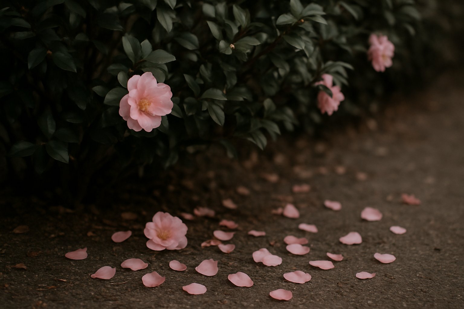 初冬の生け垣に咲く桃色の山茶花と、足もとに散った花びら。写真風・落ち着いたトーン