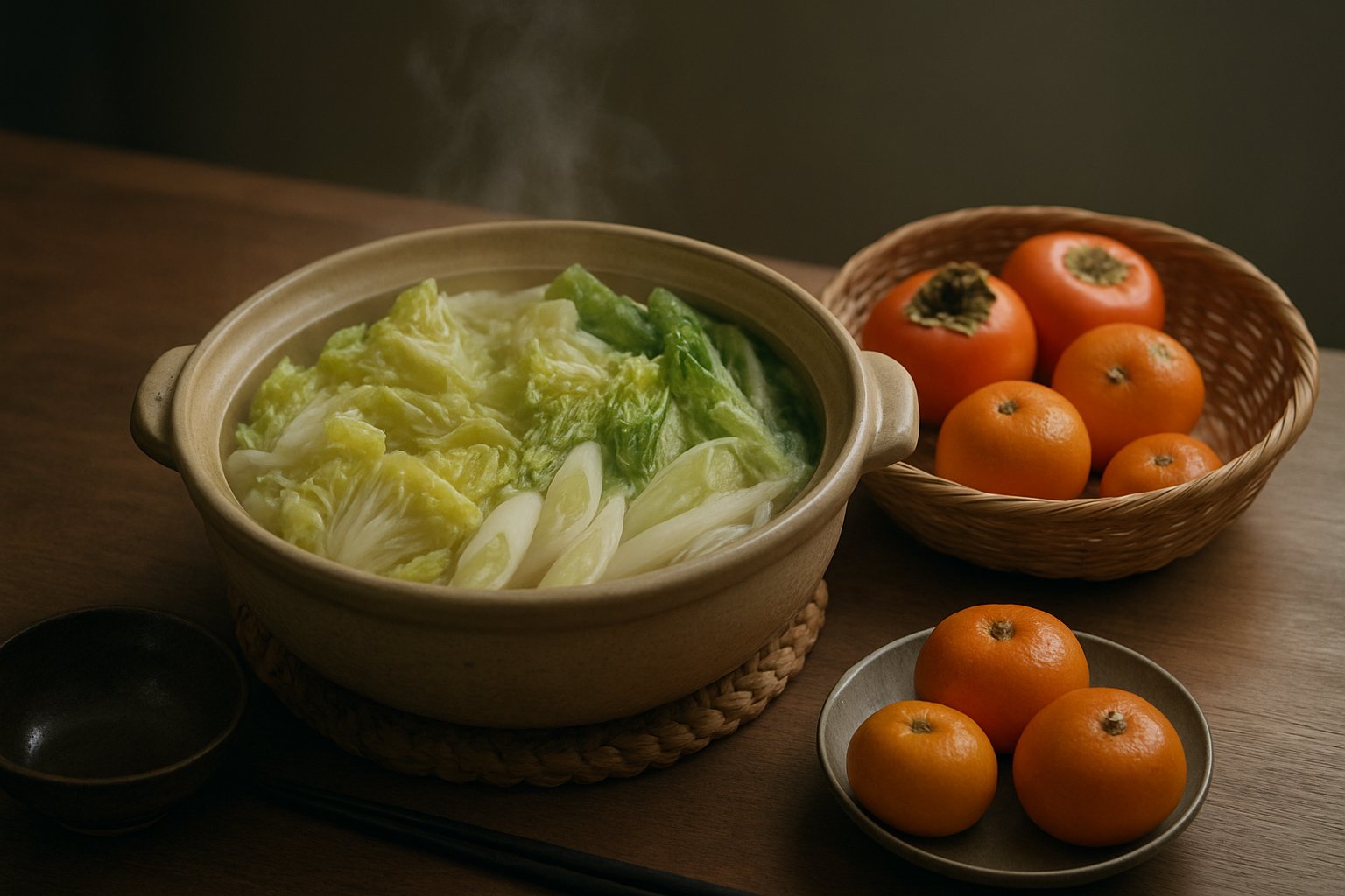 湯気の立つ白菜とねぎの寄せ鍋と、かごに盛った柿・みかんが並ぶ初冬の食卓。写真風・落ち着いたトーン