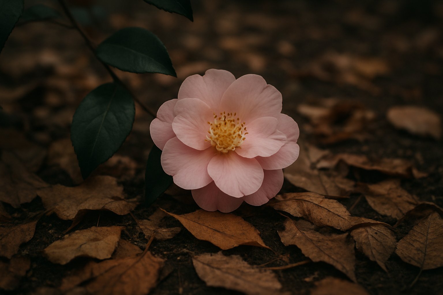初冬の庭に咲く山茶花の花と、足もとに散り敷いた落葉の接写。写真風・落ち着いたトーン