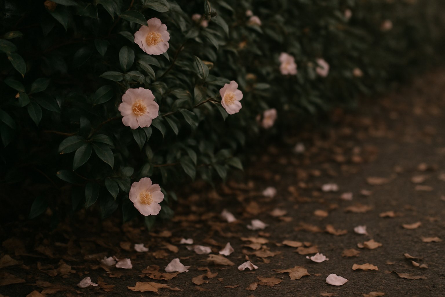 初冬の生垣に咲く山茶花と、足もとに散った花びら・落ち葉